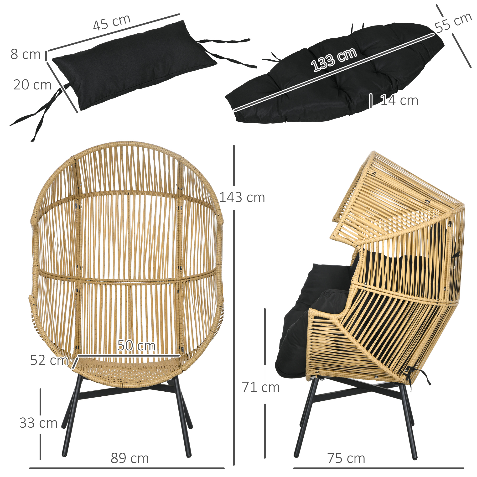 Rotan Stoel Buitenshuis Tuinstoel, PE-Rotan, 89 cm x 75 cm x 143 cm, Natuur + Zwart