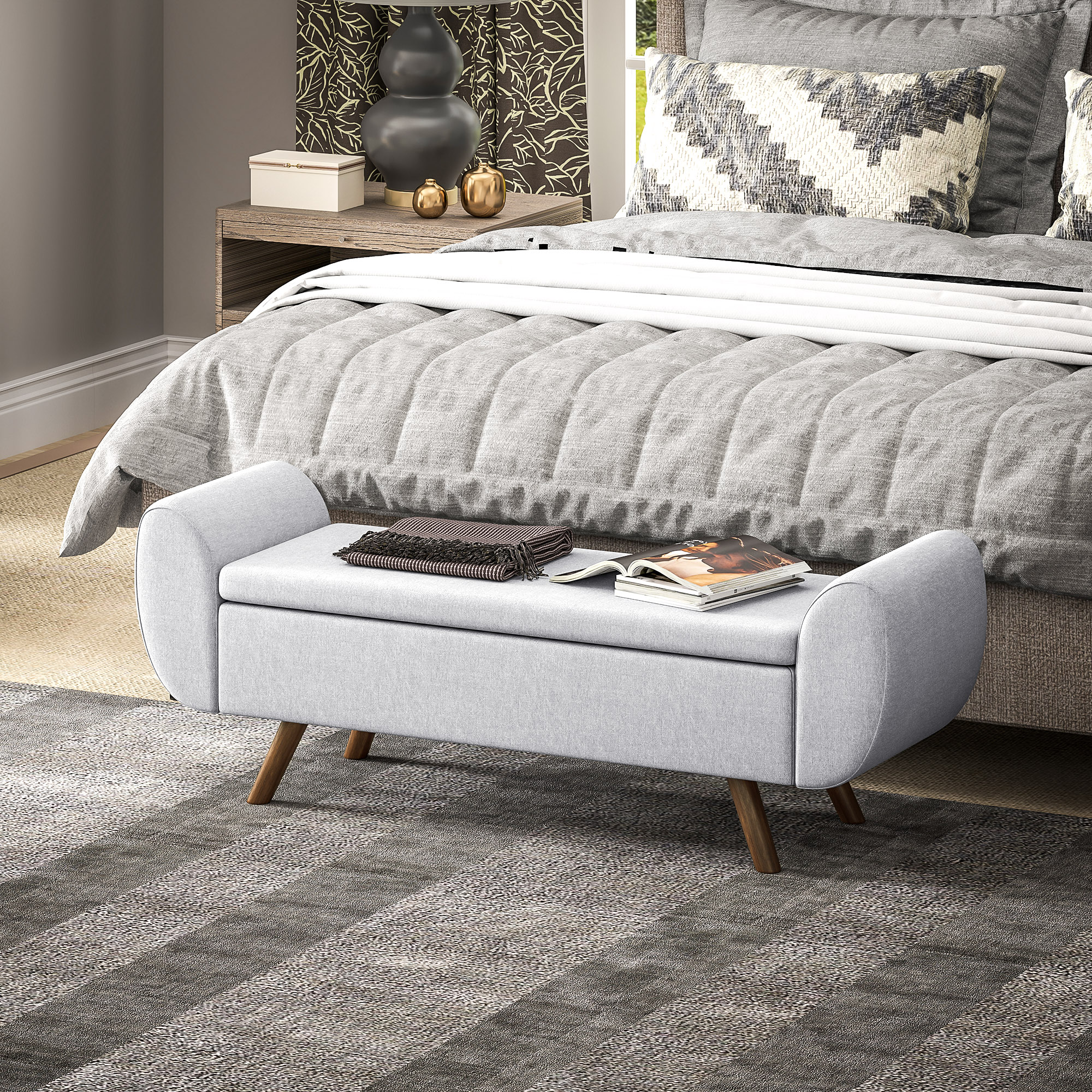 HOMCOM Aufbewahrungsbank 53,8L mit gepolsterter Sitzfläche aus Leinen und Armlehnen, für Wohnzimmer, Schlafzimmer, Eingangsbereich, 132 x 42 x 50 cm, grau