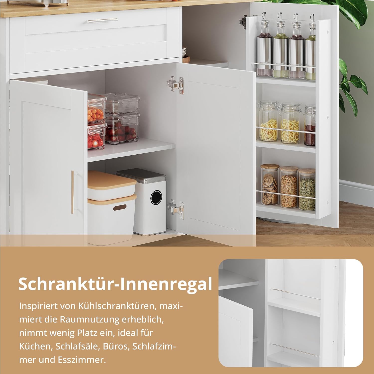 Mobiler Küchentisch, Arbeitsplatte Klappbar, Eiche Maserung, Multifunktionaler Schrank, Gewürzregal, Handtuchhalter, 5 Rollen, Weiß Geeignet für Küche/Essen/Haus