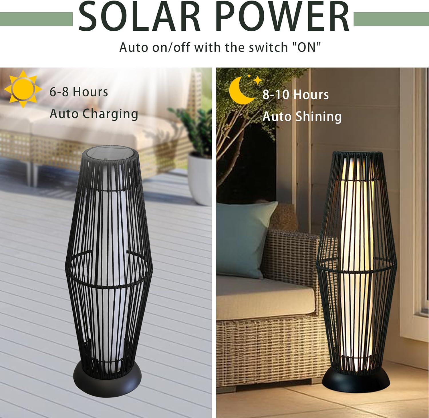 TRIROCKS Solar Rattan Stehlampe 2 Stück Solarbetriebene Gartenlaterne aus Korbgeflecht mit Olifen-Seil Wasserdicht Bodenlampen Solar LED Stehlampen für Außenbereich Hof Terrasse Garten Schwimmbad