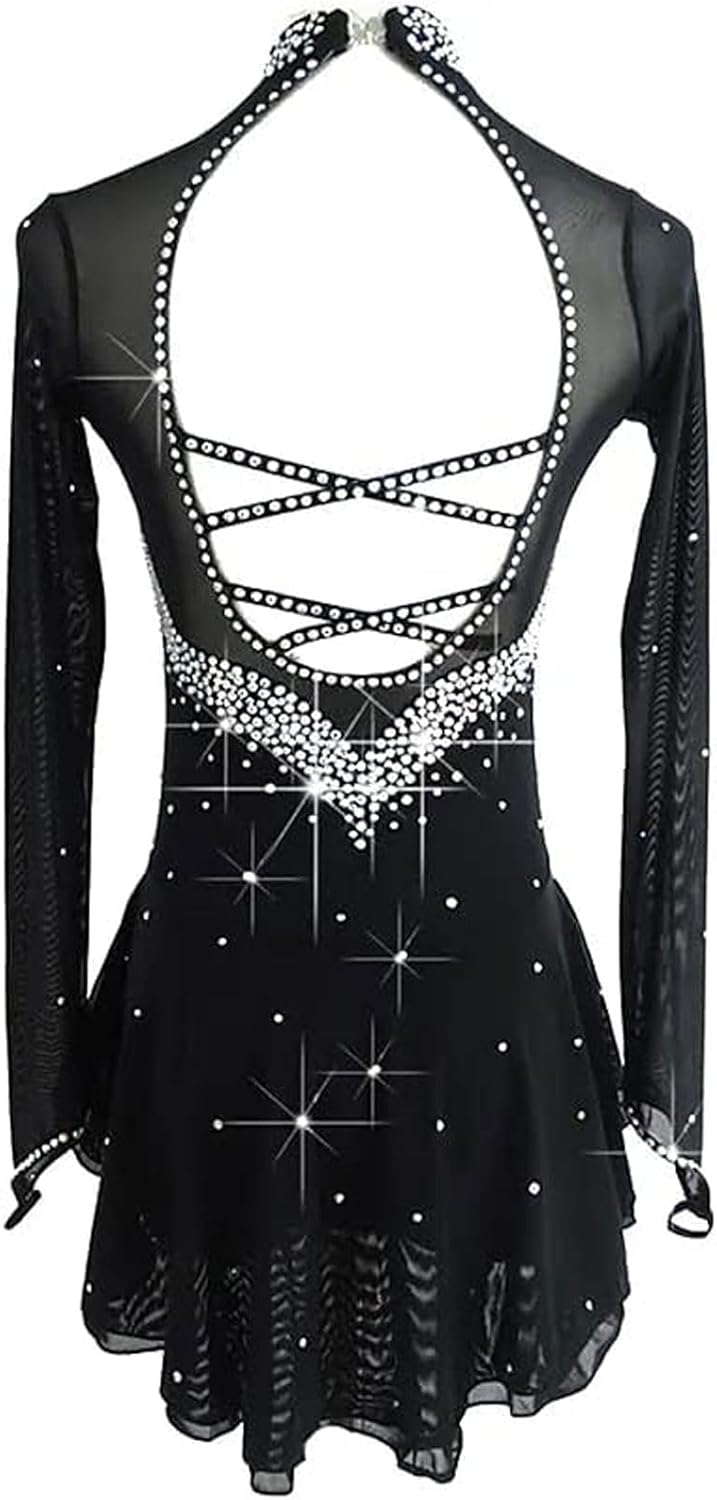 Mädchen Eiskunstlauf Wettbewerb Kleid Damen Eislauf Rock Langarm Künstlerische Trikots Gymnastik Rückenfrei Ballett Leistung Rock mit Strass