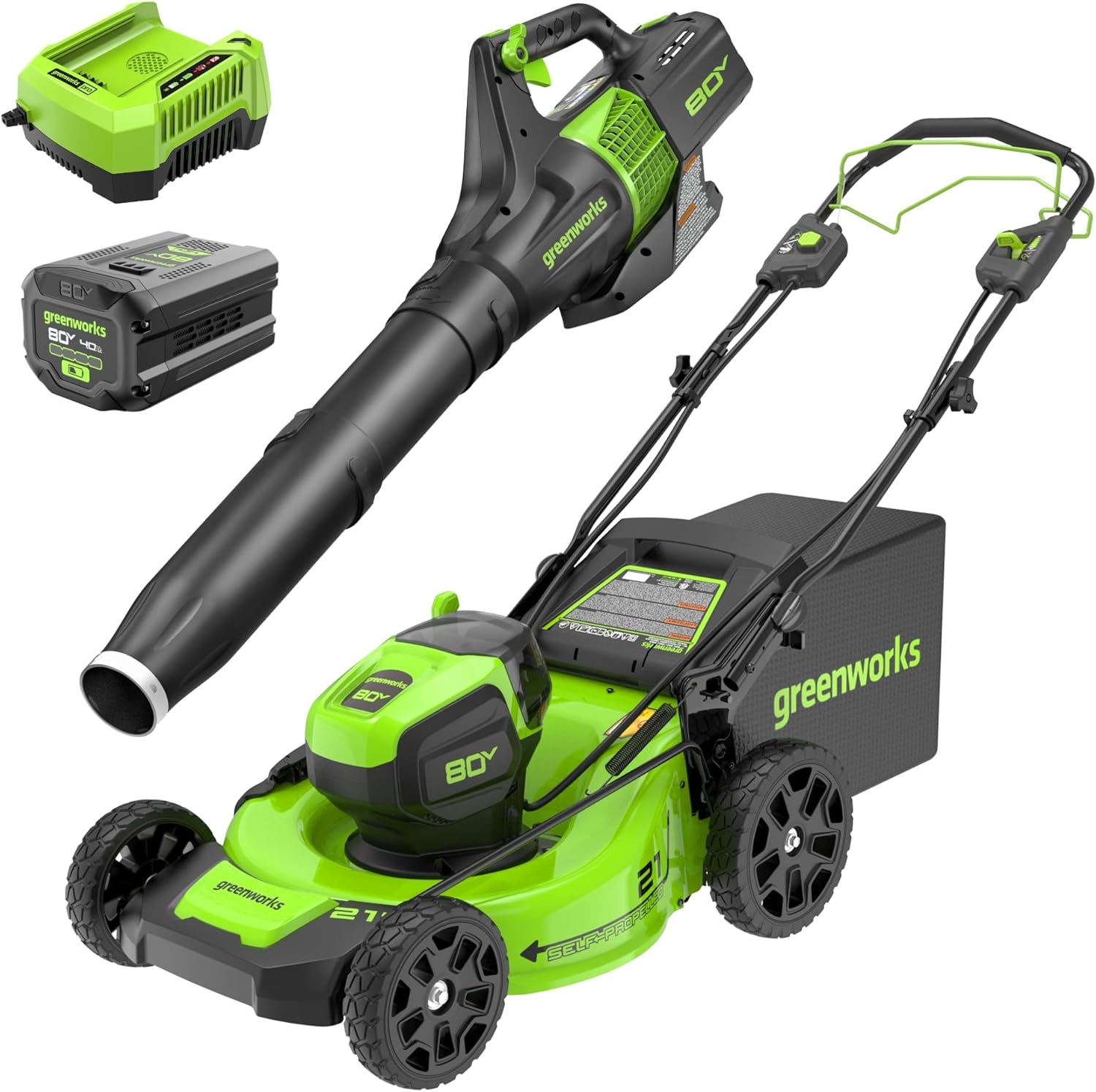 Greenworks 80V 21” Brushless (Self-Propelled) Cordless Electric Lawn Mower + (580 CFM) Axial Leaf Blower (75+ Compatible Tools)  4.0Ah Battery and 60 Minute Rapid Charger  Green and Black
