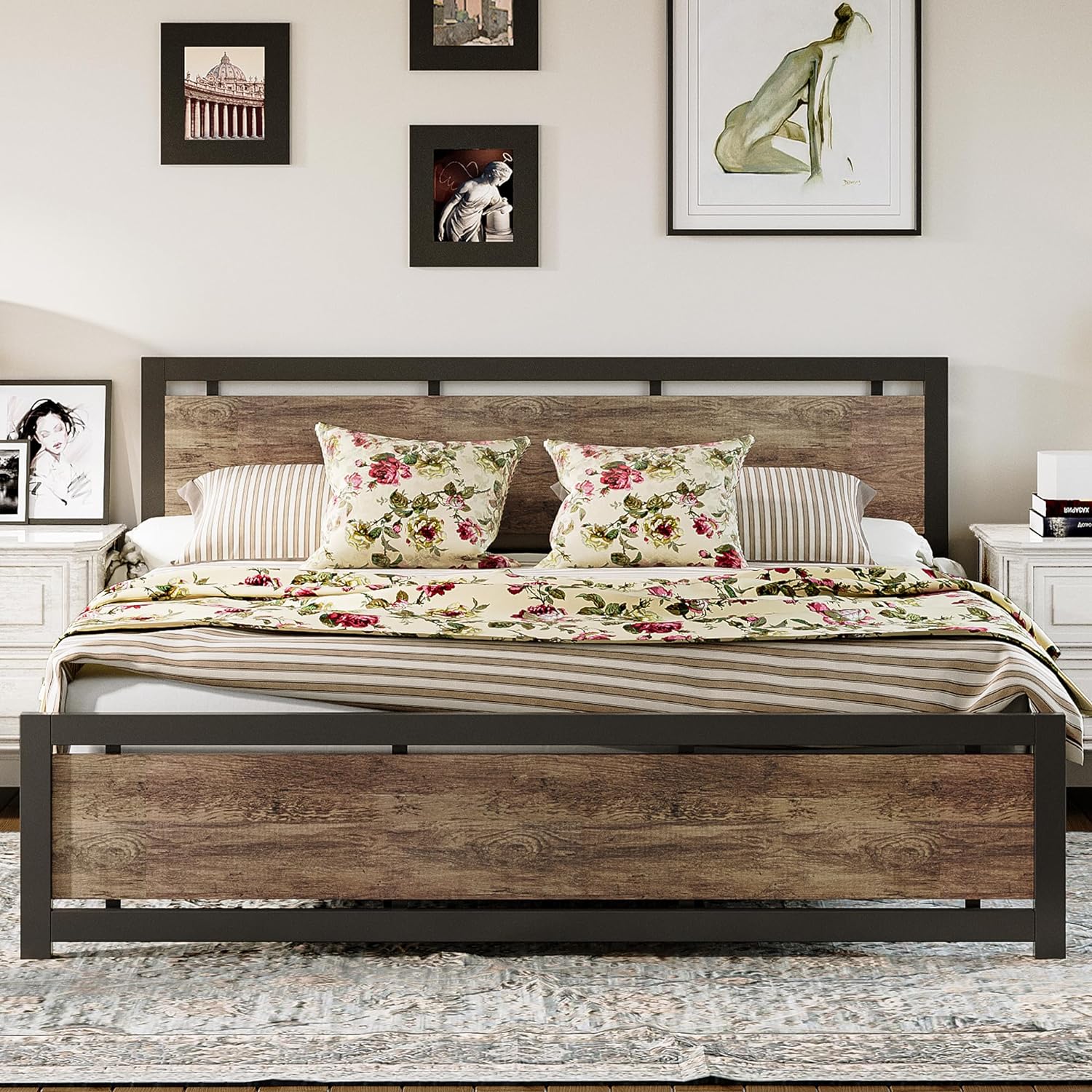 LIKIMIO King Bed Frame with Headboard and Footboard, Metal Strong Supports, Easy Assembly, Noise-Free, No Box Spring Needed, Walnut