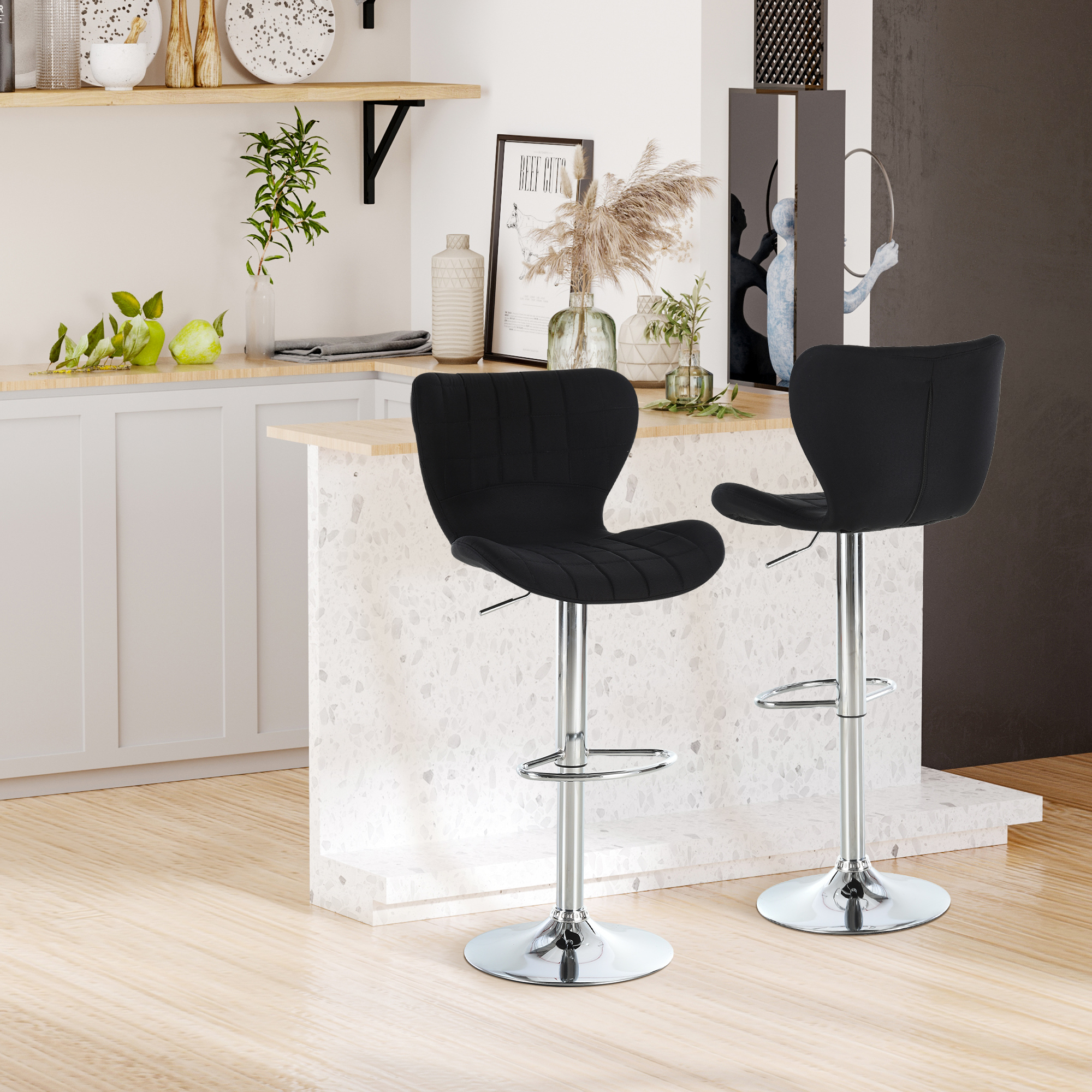 HOMCOM Set aus 2 zeitgenössischen Design-Barhockern Höhenverstellbar 59-81 cm 360° Drehbar Leinen Schwarz