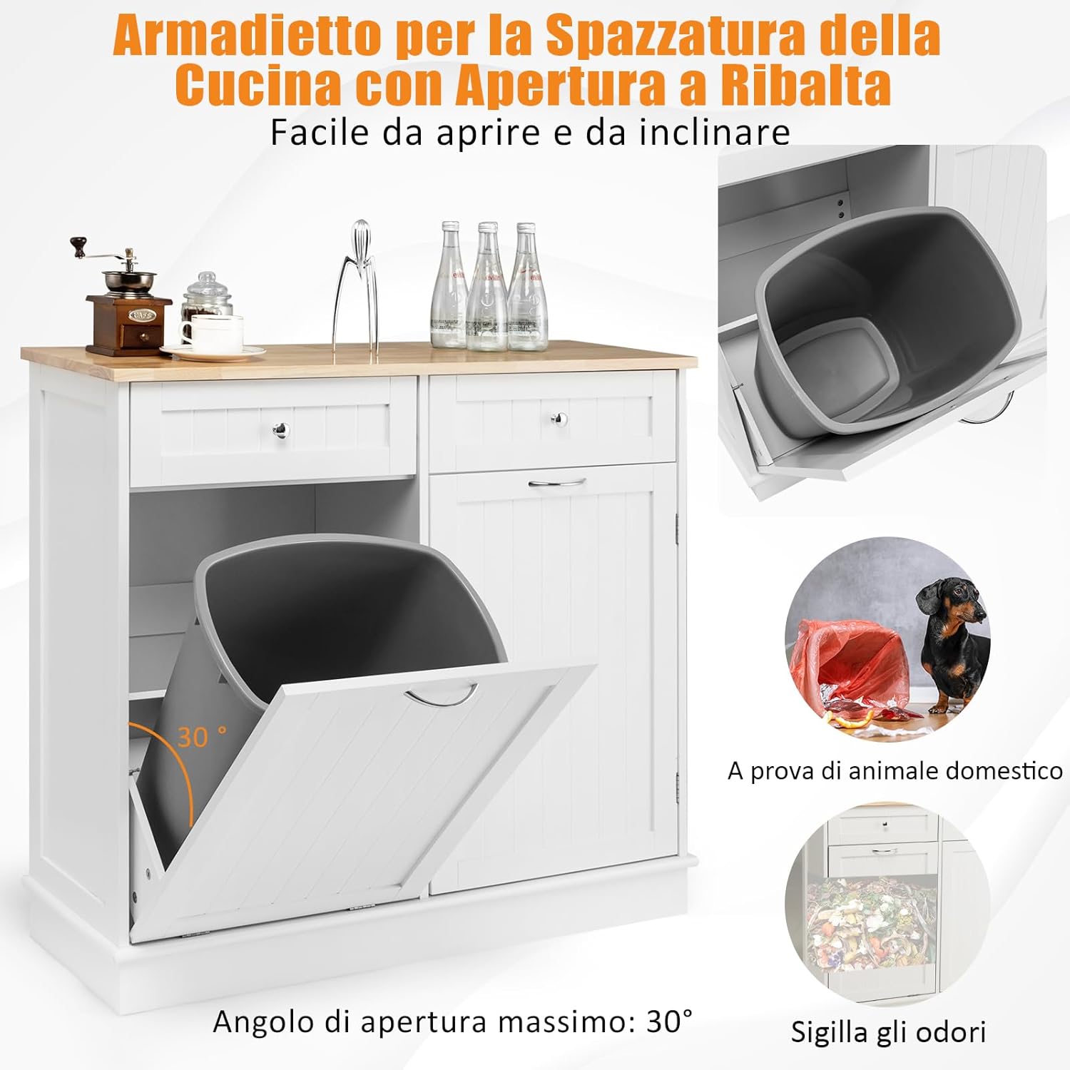 GYMAX Credenza da Cucina, Isola da Cucina con 2 Cassetti, Ripiano Regolabile, Vassoio in Gomma per Sala da Pranzo, Soggiorno, Adatto per Bidone (non incluso) da 42L, 100 x 35 x 90,5 cm (bianco)