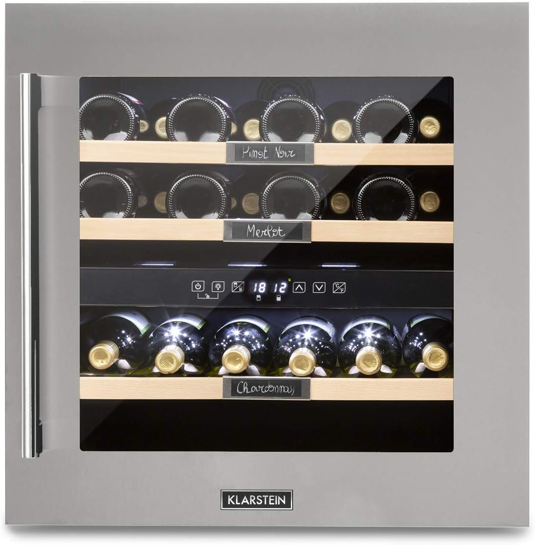 KLARSTEIN Cantinetta Vino Design, Cantinetta Vino Refrigerata a Zona Doppia per Vino Rosso, Bianco e Birra, Controlli Touch, Frigo Vino Cantinetta per Esterno/Interno, 5-22°C, 85L, 36 Bottiglie