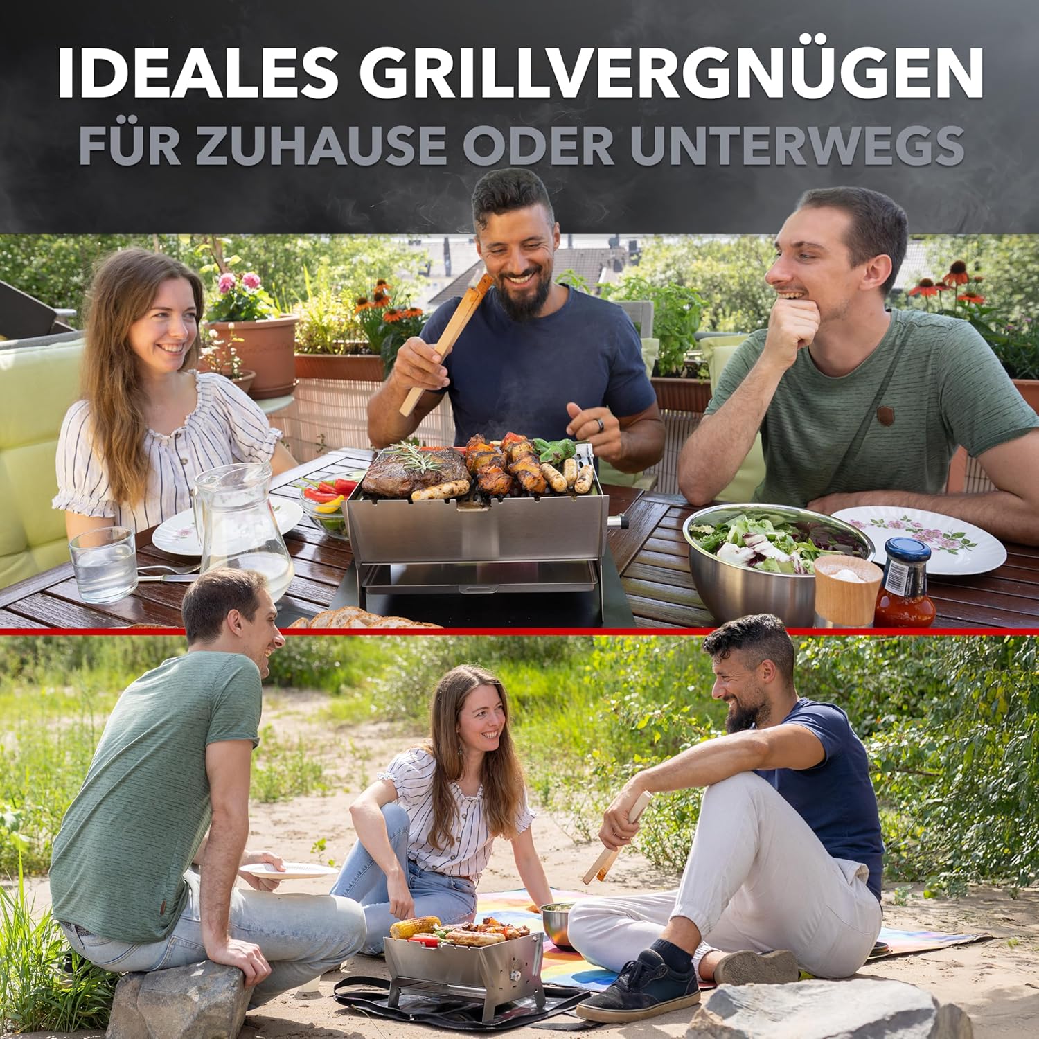 Grill | Mobiler Steck-Gasgrill – Tragbarer Edelstahlgrill mit Stecksystem – Gas- & Holzkohlebetrieb – Inkl. Tragetasche – Perfekt für Camping, Balkon, Garten & Outdoor - Camping Grill