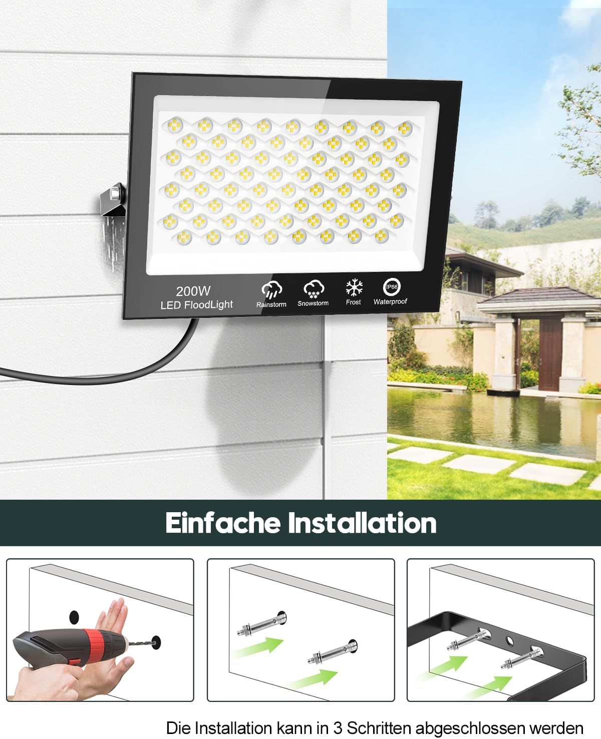 Sararoom Strahler Fluter Flutlicht Scheinwerfer - 10er 200W 272 LED 20000LM Kaltweiß 6500K, IP65 Wasserdichte Flutlichtstrahler Außen-Sicherheitsbeleuchtung für Garten Garage Hof Auffahrt Türen Flur