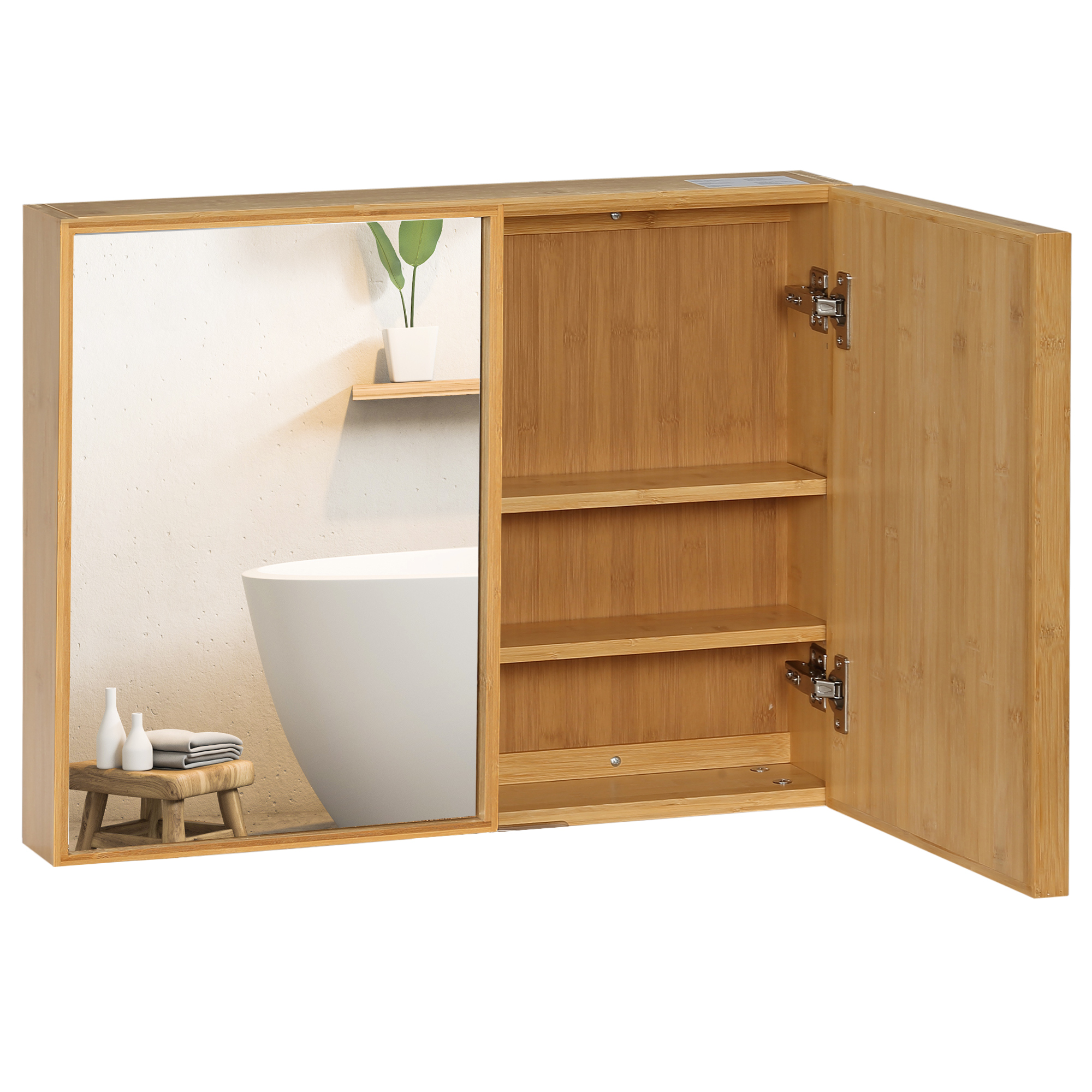 kleankin Badschrank mit Spiegeltüren, mehrere Innenfächer, robustes Gehäuse aus Bambusholz, 65,2 x 14 x 50 cm