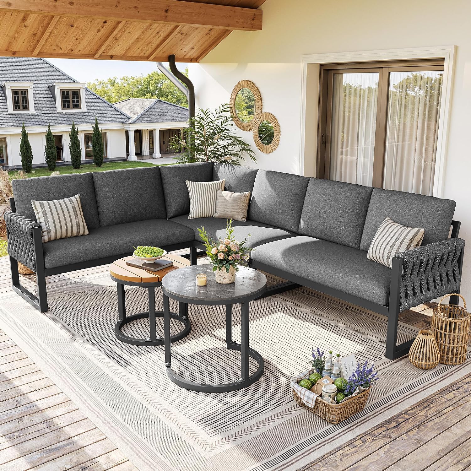 Dolamaní Gartenmöbel Set Lounge möbel Outdoor für 5-6 Personen, mit L-förmig gartensofa und Tisch, Metal