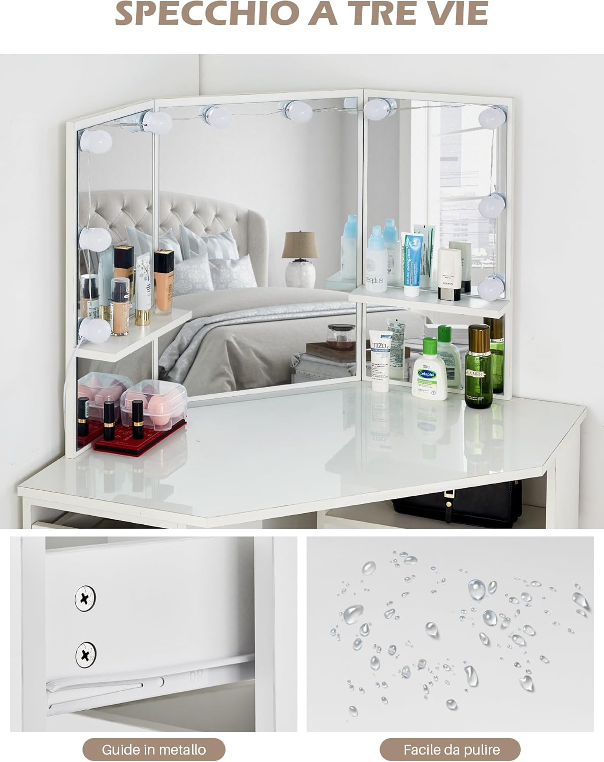 TUKAILAi Dressing Table with Mirror, Three Sides, Modern Make-up Vanity Table with LED Lights and Stool, White Corner Makeup Table with 5 Drawers and 2 Open Shelves 114 x 61 x 140 cm Bedrooms