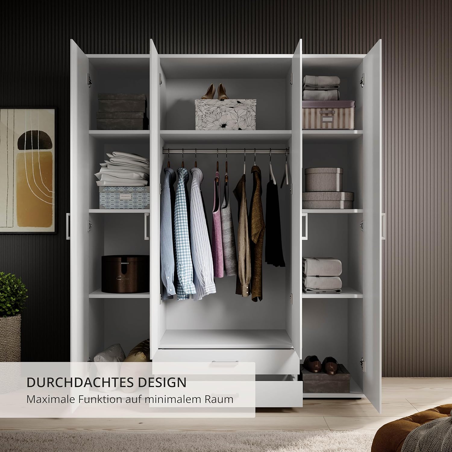 KARL Elegant 4 Door Wardrobe with Large Capacity, Versatile with Hinged Doors, White with Mirrored Doors, 160 x 196 x 54 cm, W x H x D