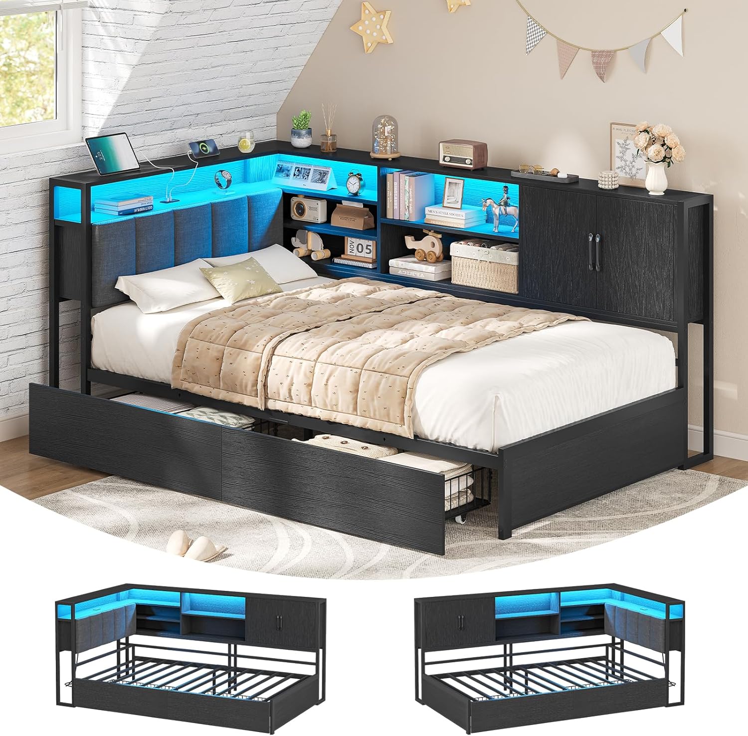 Polsterbett Schlafsofa 90x200 mit LED-Beleuchtung, Ladestation, Tagesbett, Jugendbett mit 2 Schubladen und Lattenrost aus Metall, Kopfteil mit Stauraum, Offene Regale, Schrank, Schwarz