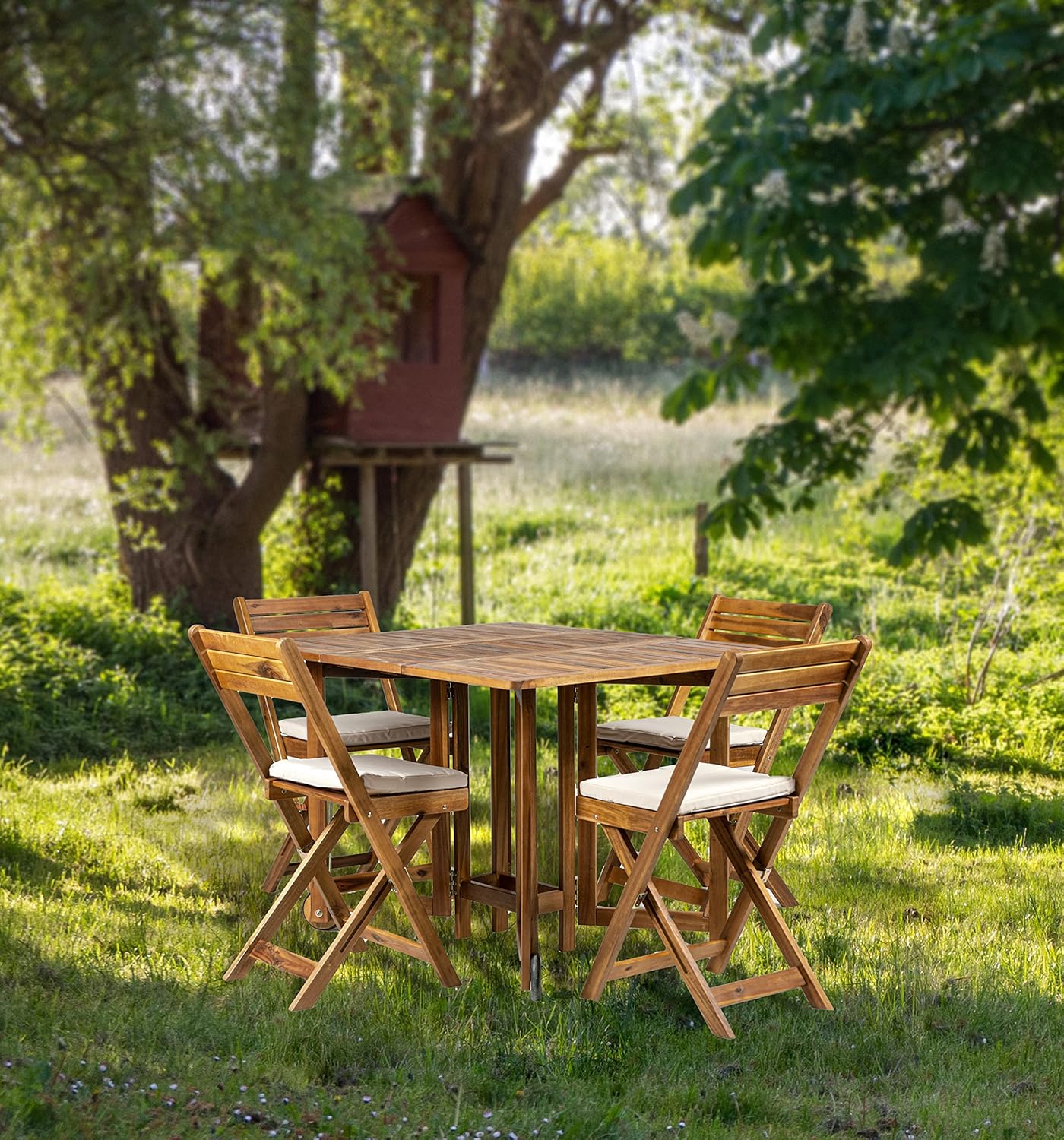 Acacia Wood Garden Set with 4 Folding Chairs and Table
