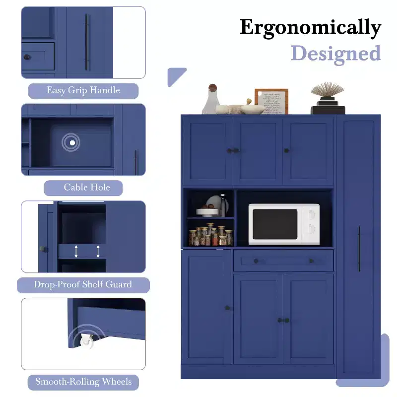 Kitchen Pantry Cabinet with Hutch and Pull-Out Side Cabinet