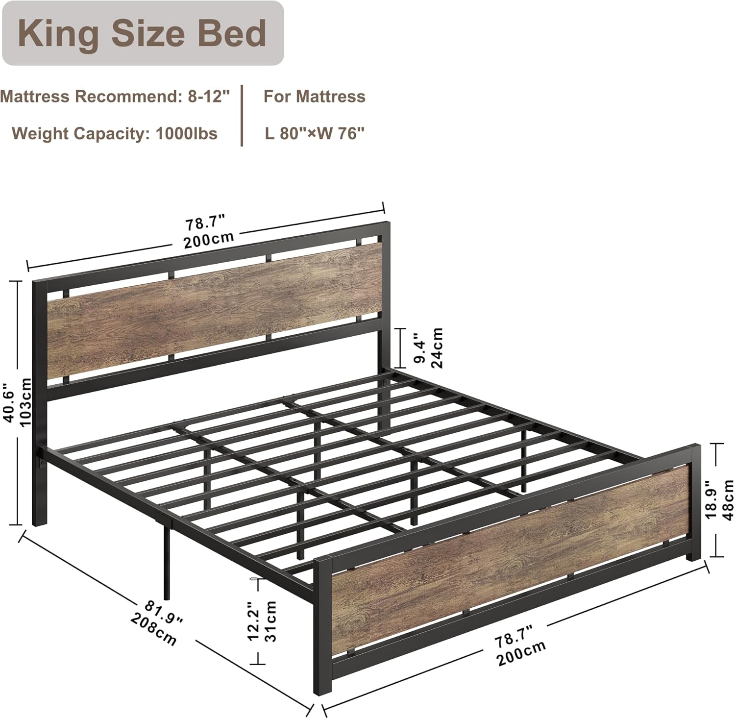 LIKIMIO King Bed Frame with Headboard and Footboard, Metal Strong Supports, Easy Assembly, Noise-Free, No Box Spring Needed, Walnut