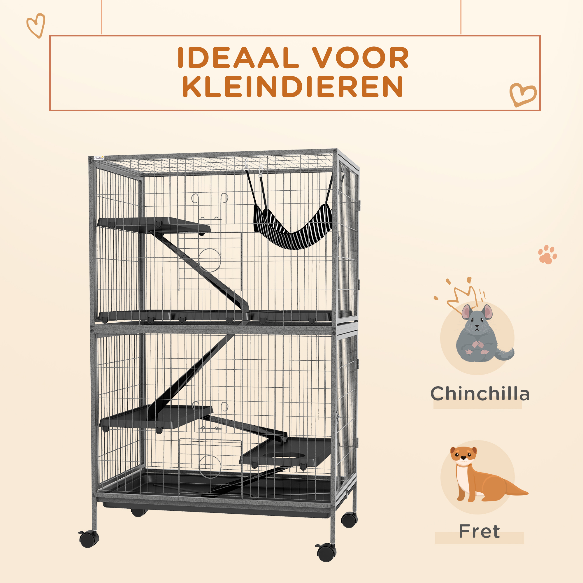 PawHut Kleine huisdierkooi met hangmat, knaagdierkooi met wielen, 4-verdiepingen kooi, Metaal, Kunststof, 80 x 52 x 128 cm, Grijs