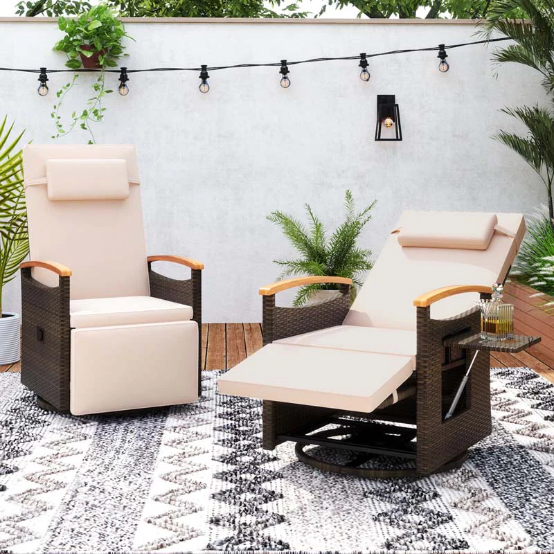 Outdoor Rattan 360° Swivel Recliner Chair, Patio Wicker Chaise Lounge Chair with Adjustable Backrest & Footrest, Flip Side Table & Cushions