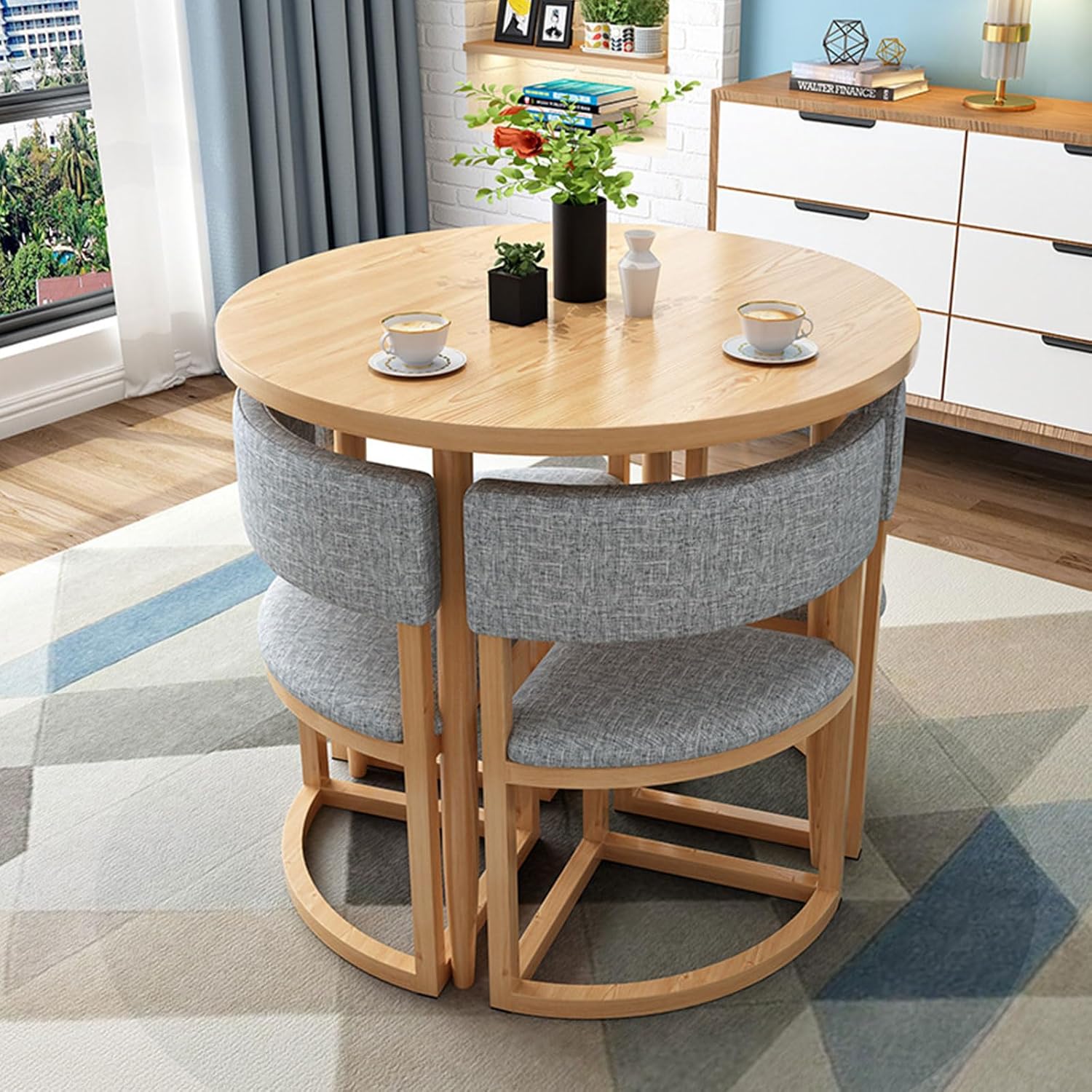 Set di 5 pezzi tavolo da pranzo in legno con piano in finto marmo e sedie imbottite, perfetto per sala da pranzo, sala conferenze, reception, colore grigio