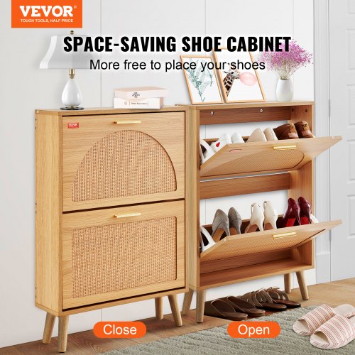 VEVOR Schuhschrank mit 2 Klappschubladen, Schuhschrank aus Rattan für den Eingangsbereich