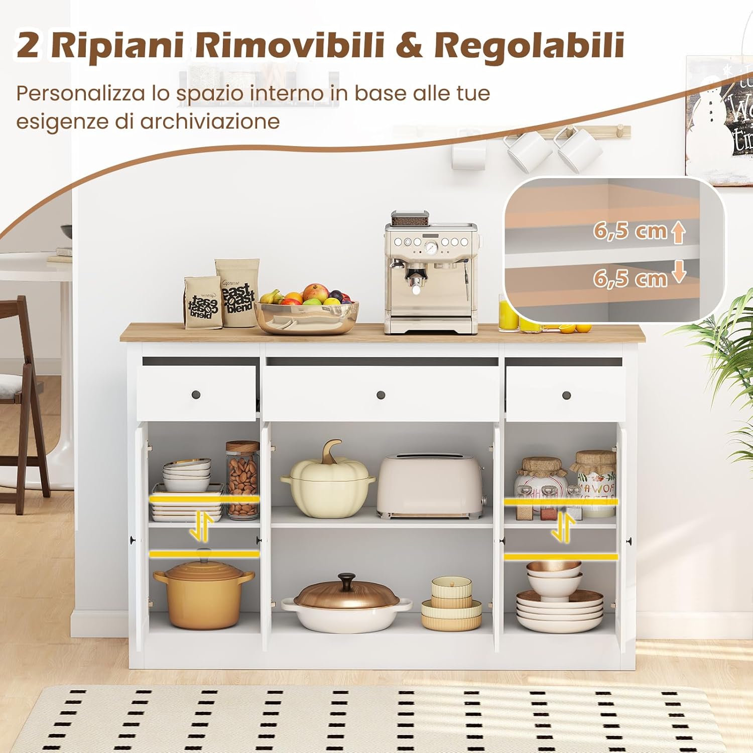 COSTWAY Credenza Cucina, Mobiletto da Cucina con 3 Cassetti, 3 Armadietti, 2 Ante Trasparenti e Ripiani Regolabili, Mobile Buffet Dispensa per Sala da Pranzo e Soggiorno, 140 x 40 x 90 cm (Bianco)