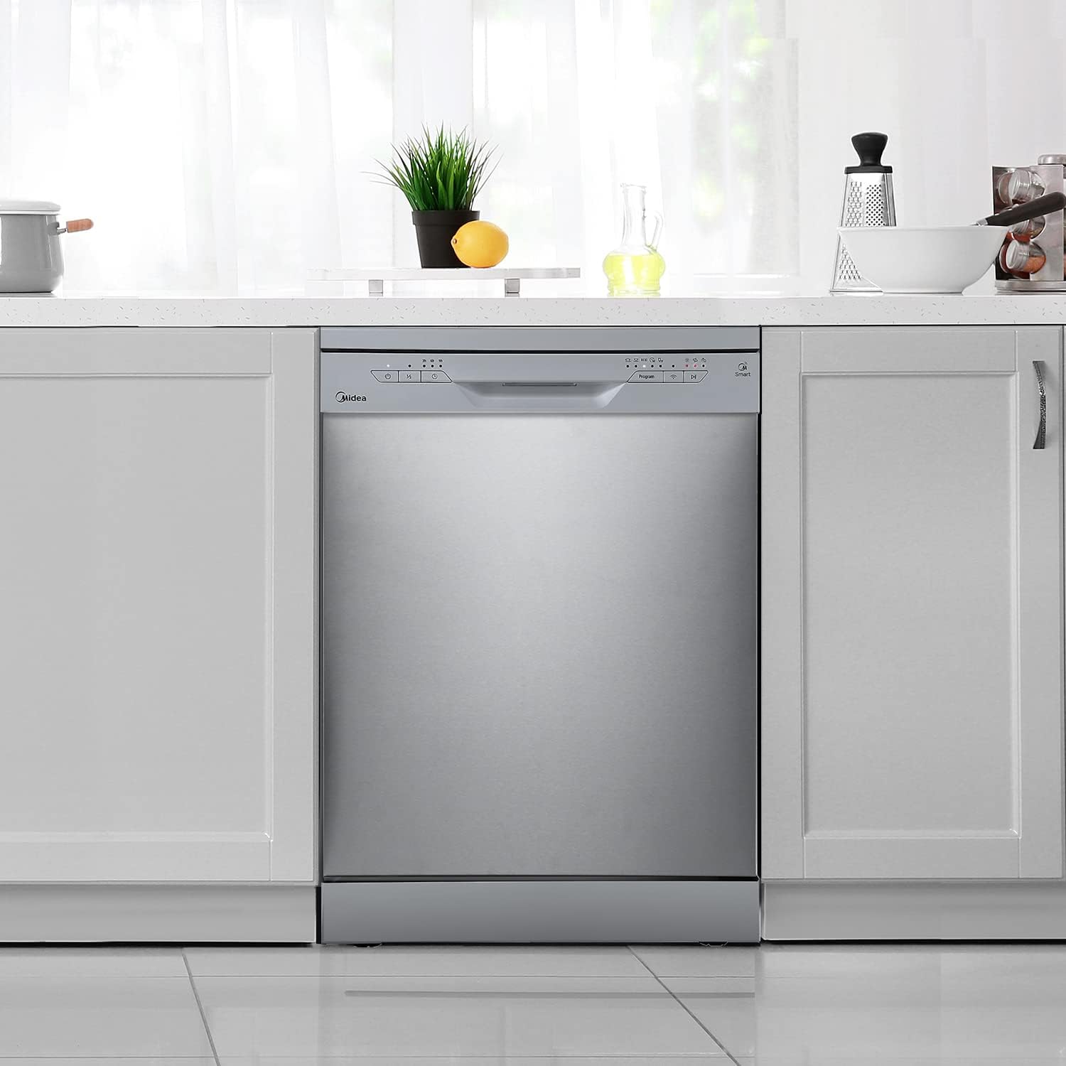 Midea Geschirrspüler Unterbau MDWEU1435XSS-W, 14 Maßgedecke, Spülmaschine 60 cm Teilintegrierbar mit WIFI, Extra Trocknung, 7 Programme, 47dB, 0-24h Startzeitverzögerung, Inox