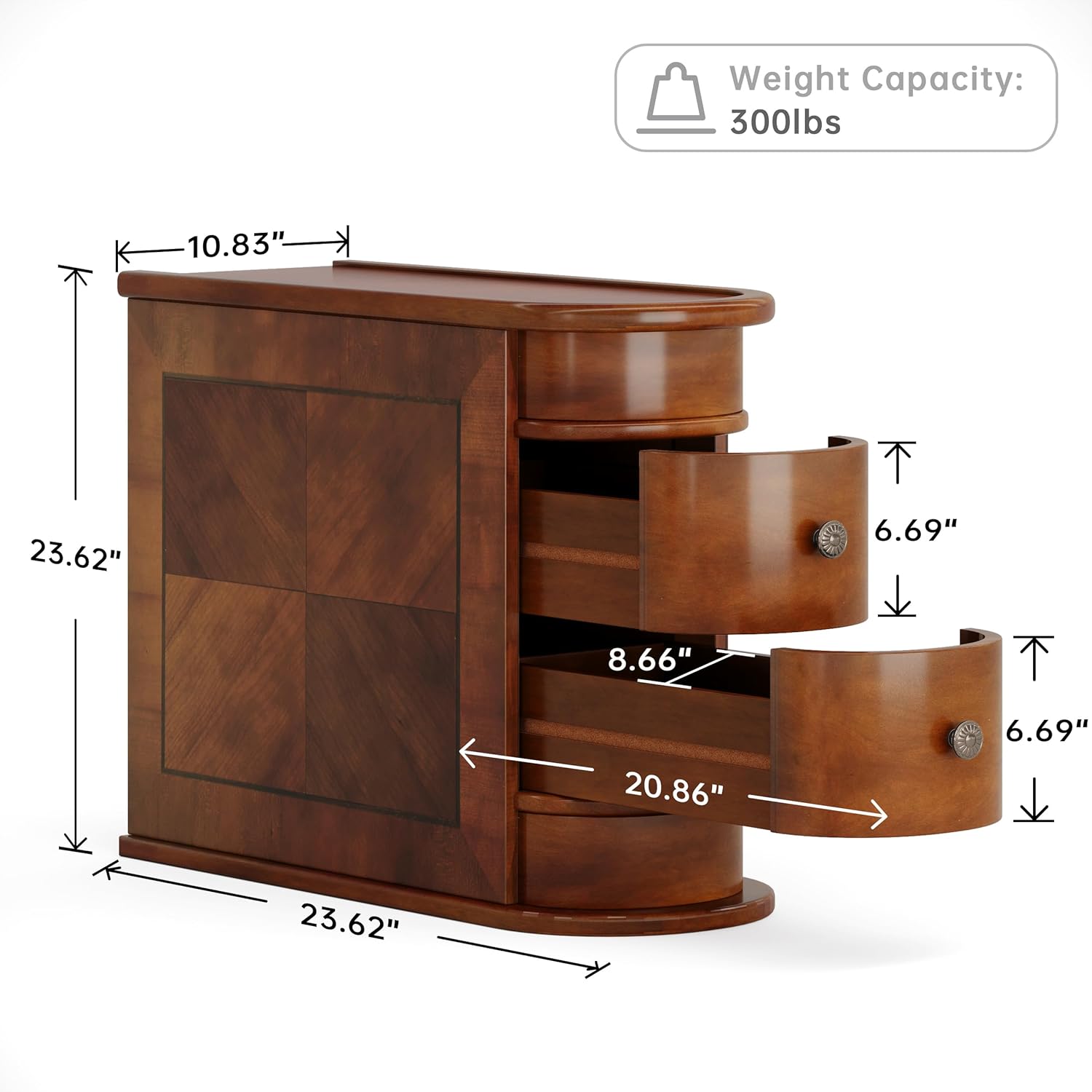 Wood End Table with 2 Drawers, No Assembly Required Narrow Sofa Side Table for Living Room, Vintage Slim Nightstand Bedside Table for Bedroom (2 Drawers, Brown, 2 Pcs)