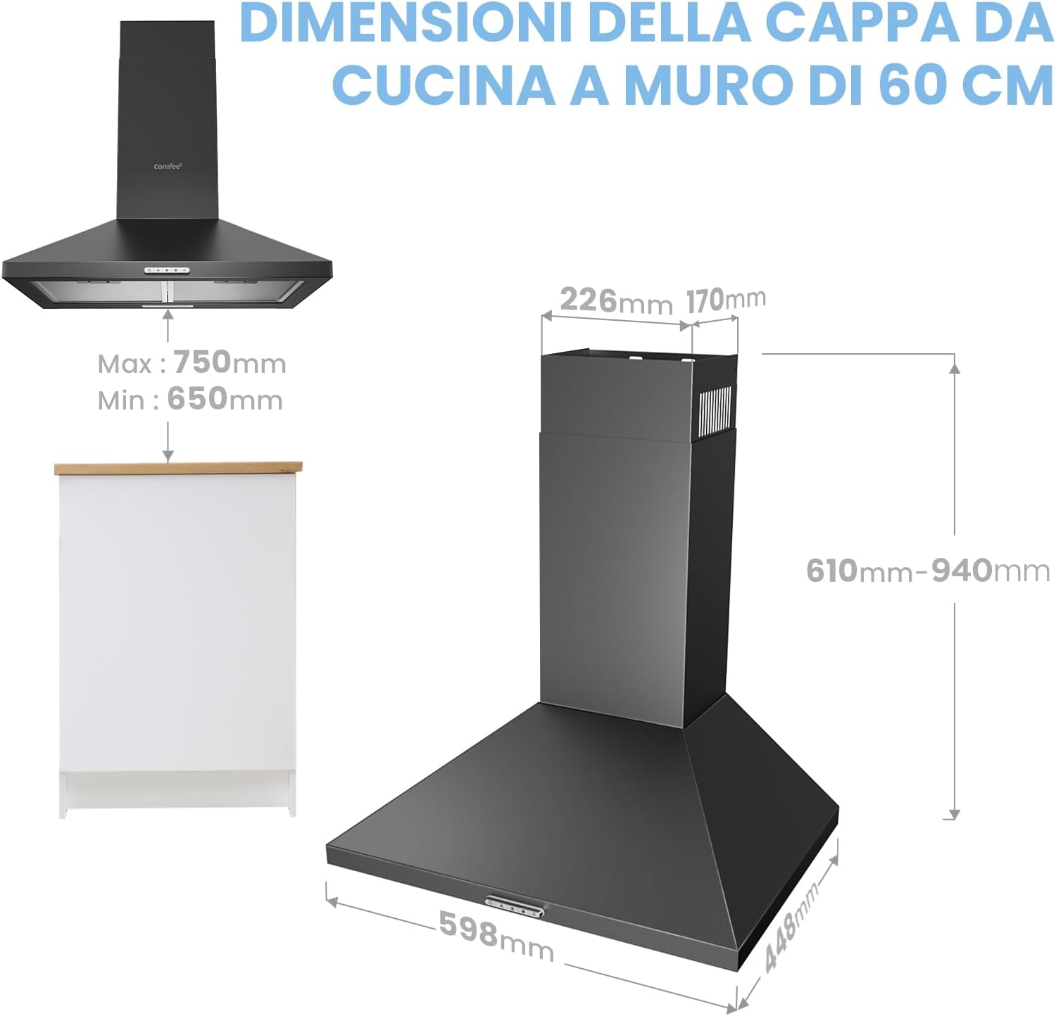 COMFEE Cappa Aspirante 60cm 400m³/h Camino Cappa Cucina 3 Velocità Nero