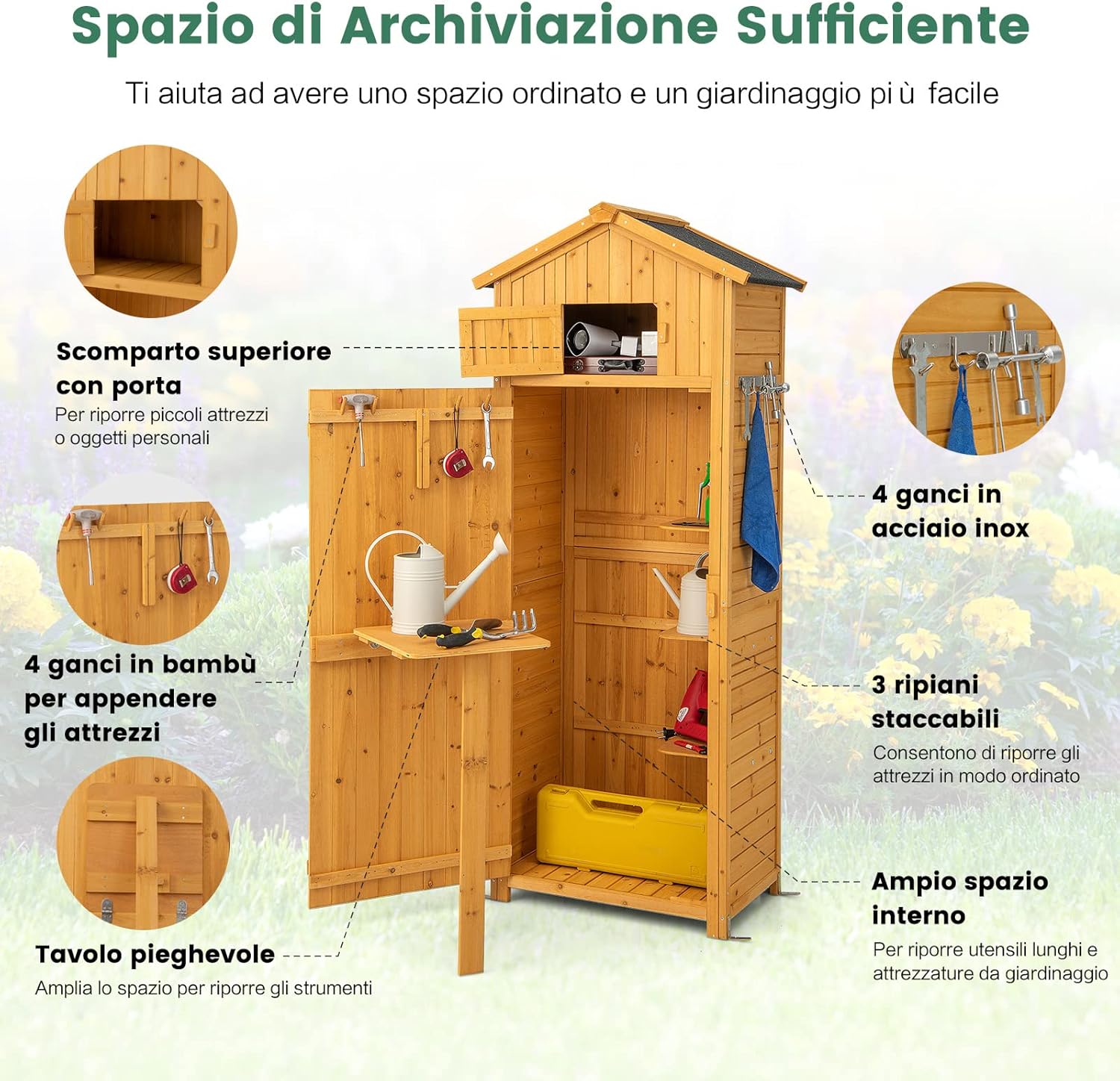RELAX4LIFE Outdoor Wooden Wardrobe with Double Door, Folding Table and Asphalt Rainproof Roof - 65 x 42 x 180.5 cm, for Garden, Patio and Yard (NATURAL)