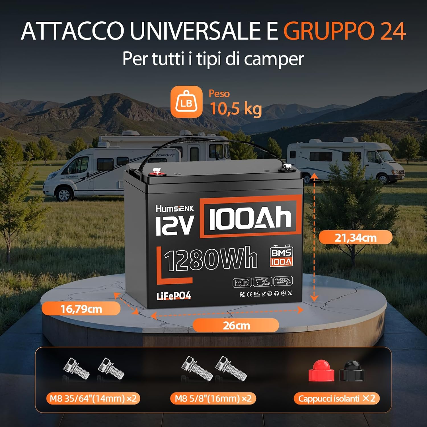 Humsienk Batteria Litio 12V 100Ah con 100A BMS e Protezione Bassa Temperatura, 1280Wh Energia, Max. 15000 cicli, Batteria LiFePO4 12V per Camper, Barca, Impianti Solari, Off-Grid