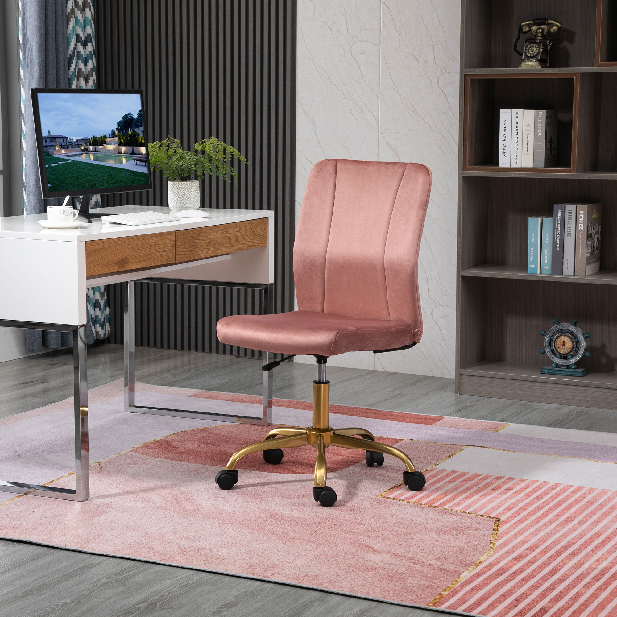 Vinsetto Bürostuhl im zeitgenössischen Design, drehbarer 360° ergonomischer Stuhl, gebogener Rückenlehne, höhenverstellbar, Samtbezug 56 x 60 x 102 cm rosa und gold