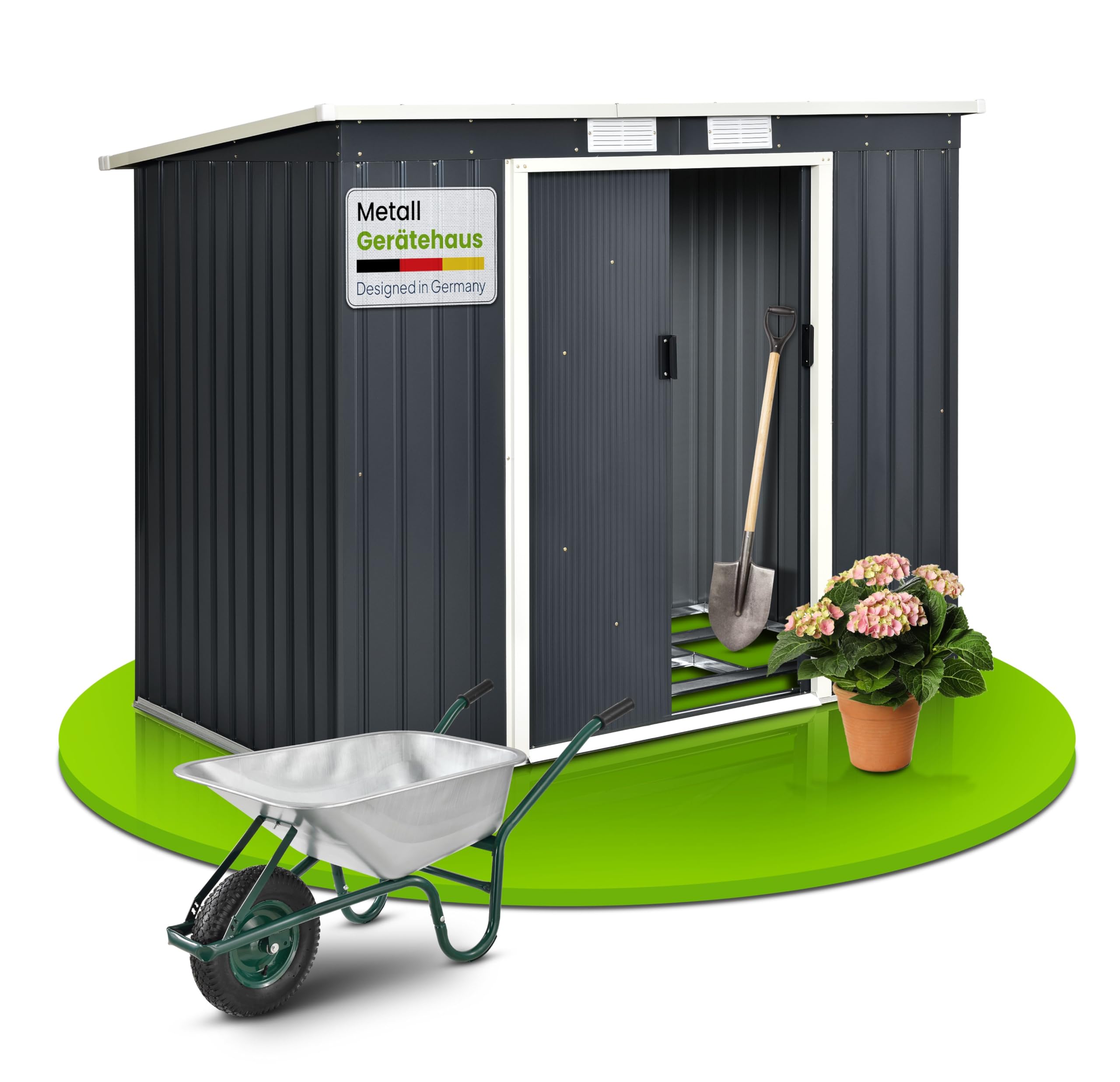 Juskys Gerätehaus Metall 4 qm mit Pultdach Schiebetür Fundamentrahmen und Gartenhaus 213x130x173 cm Anthrazit