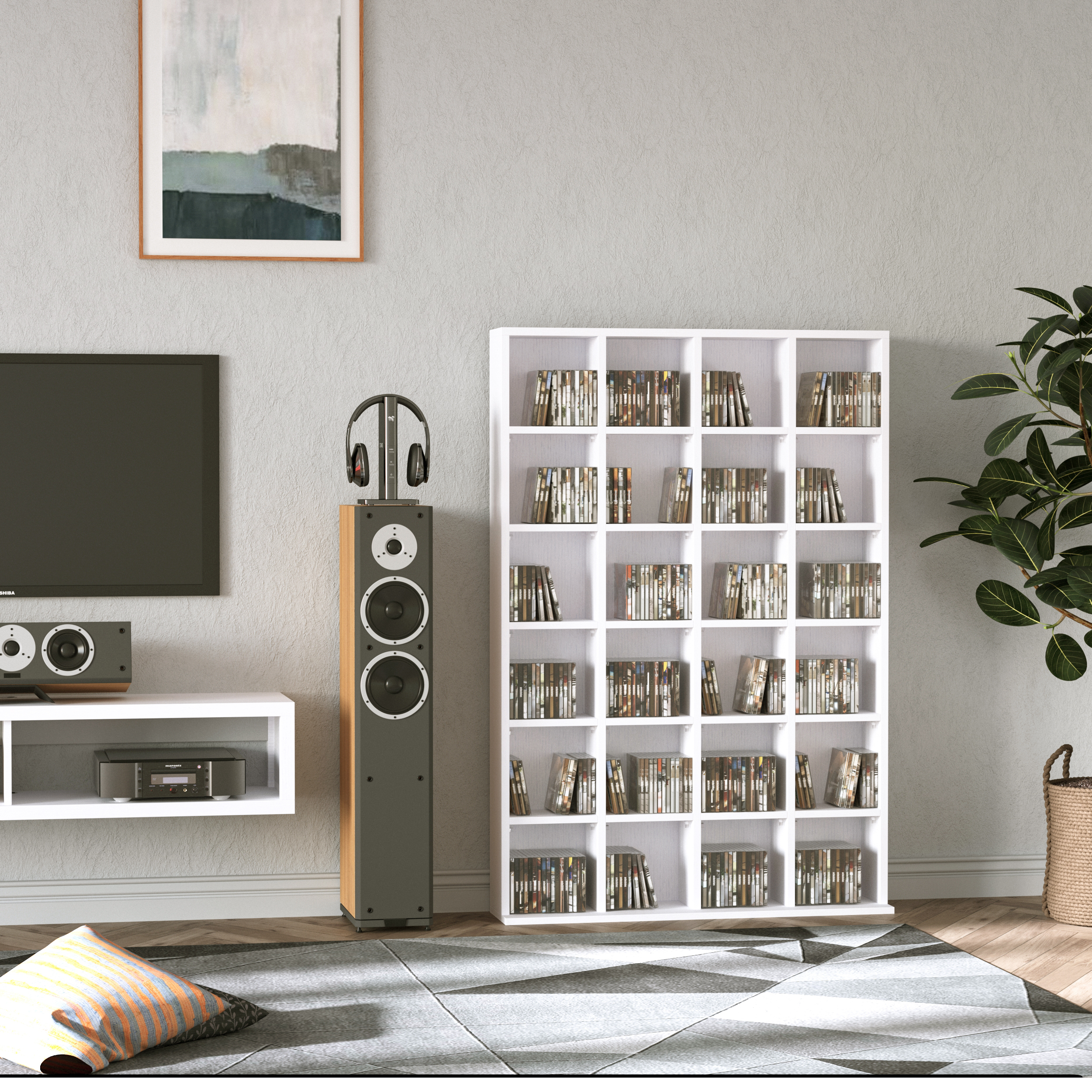 HOMCOM Multimedia-Aufbewahrungsregal 480 CDs/312 DVDs - Bücherregal aus Holz mit verstellbaren Regalen, 89 x 130,5 cm, weiß