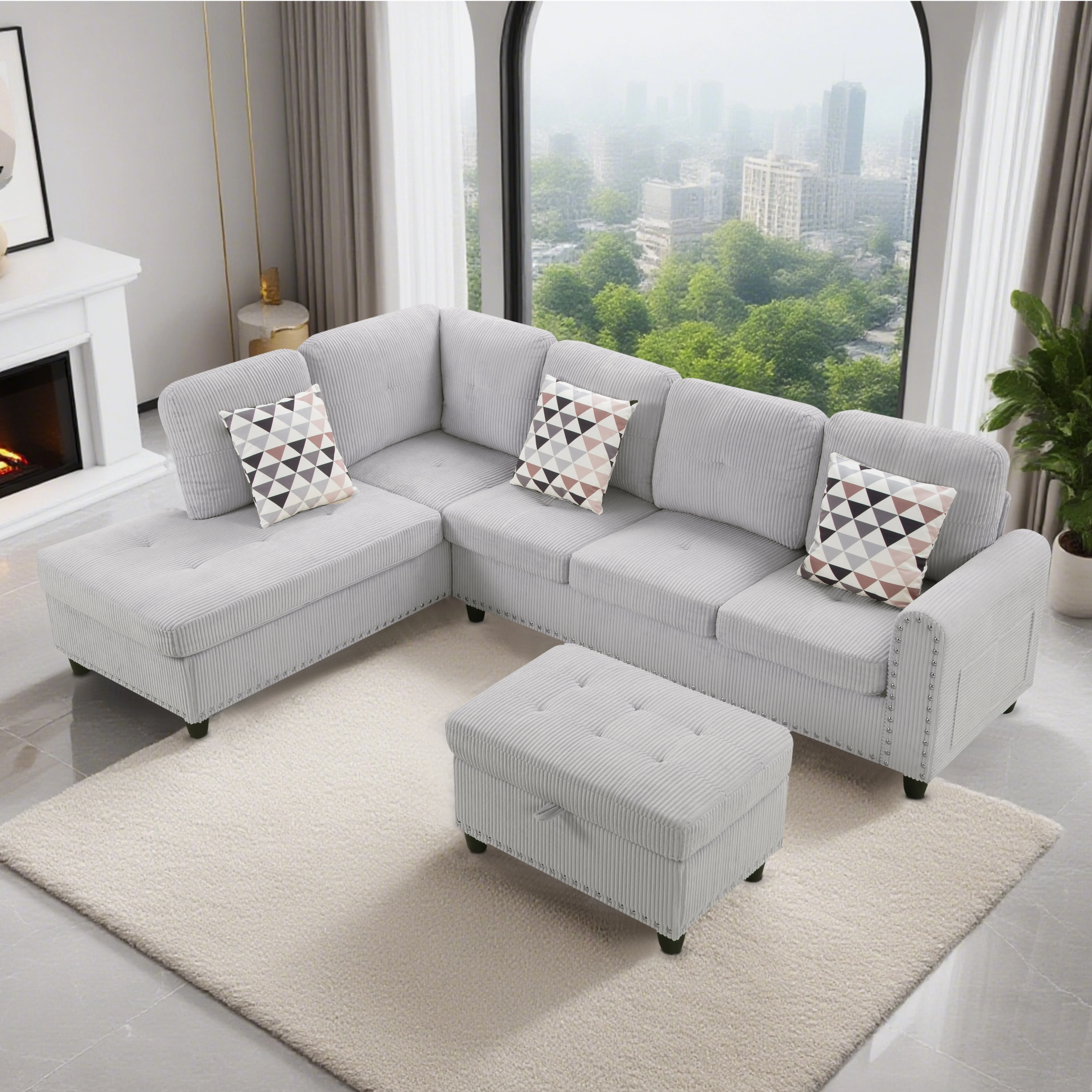 AENKYO 95�� L-Shaped Corduroy Modular Sectional Sofa with Ottoman & Cup Holders �C Living Room Couch for Apartments��Light Gray