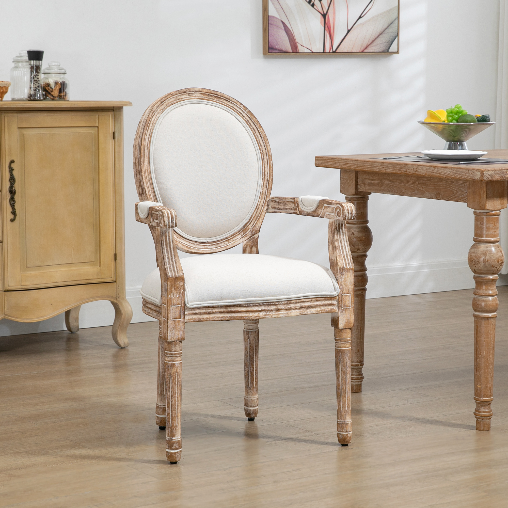 HOMCOM Küchenstuhl mit Armlehnen Polsterstuhl Esszimmerstuhl Retro-Design im Leinen-Optik für Wohnzimmer Gummiholz Cremeweiß+ helle Holzfarbe 56 x 56 x 96 cm