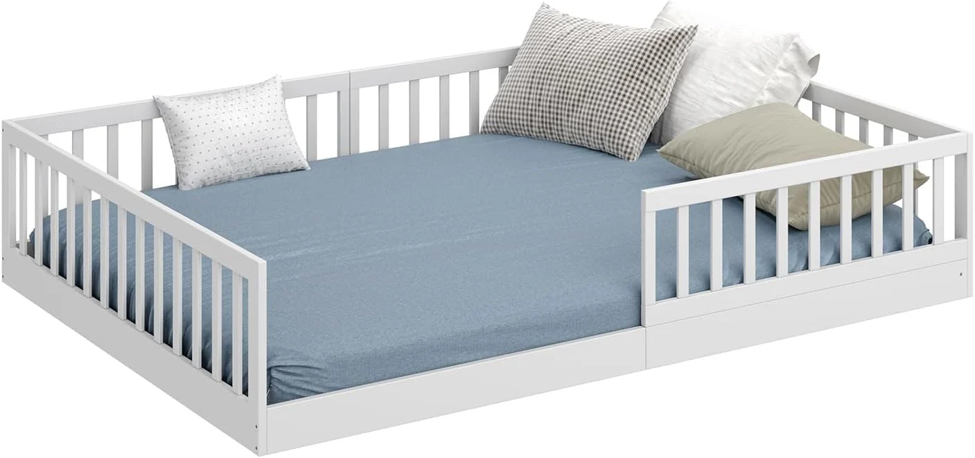CADANI Timi 2-in-1 Vloerbed 140x200 cm Montessori Kinderbed met uitneembare valbeveiliging incl. lattenbodem, massief grenenhout, wit - 3 opbouwmogelijkheden, belastbaar tot 200 kg, ombouwbaar
