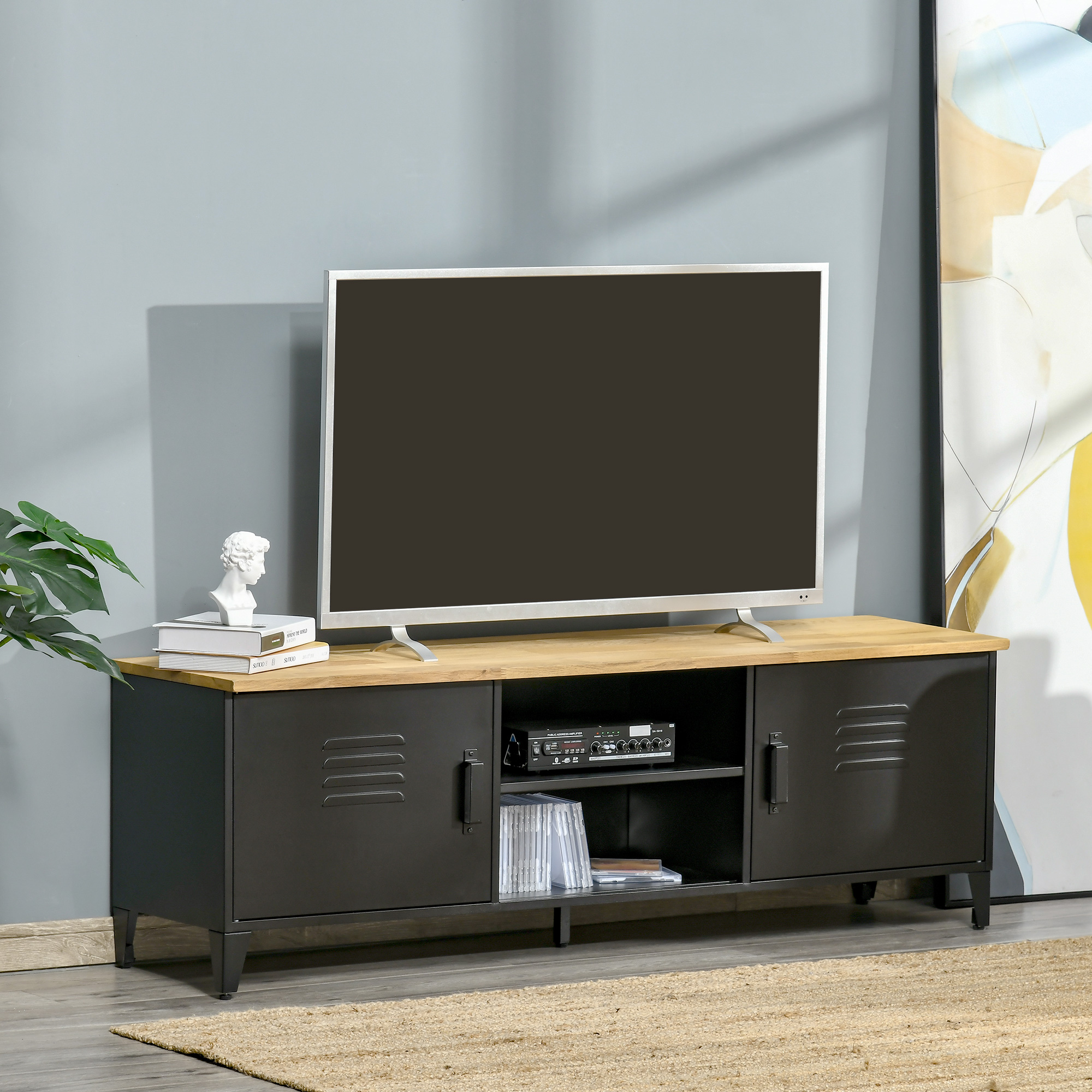HOMCOM TV Schrank Fernsehschrank TV-Regal Fernsehtisch TV Lowboard Kommode für Fernseher bis zu 55" mit 2 Türen Regal für Wohnzimmer Schlafzimmer Metall Holz Schwarz 150 x 40 x 50 cm