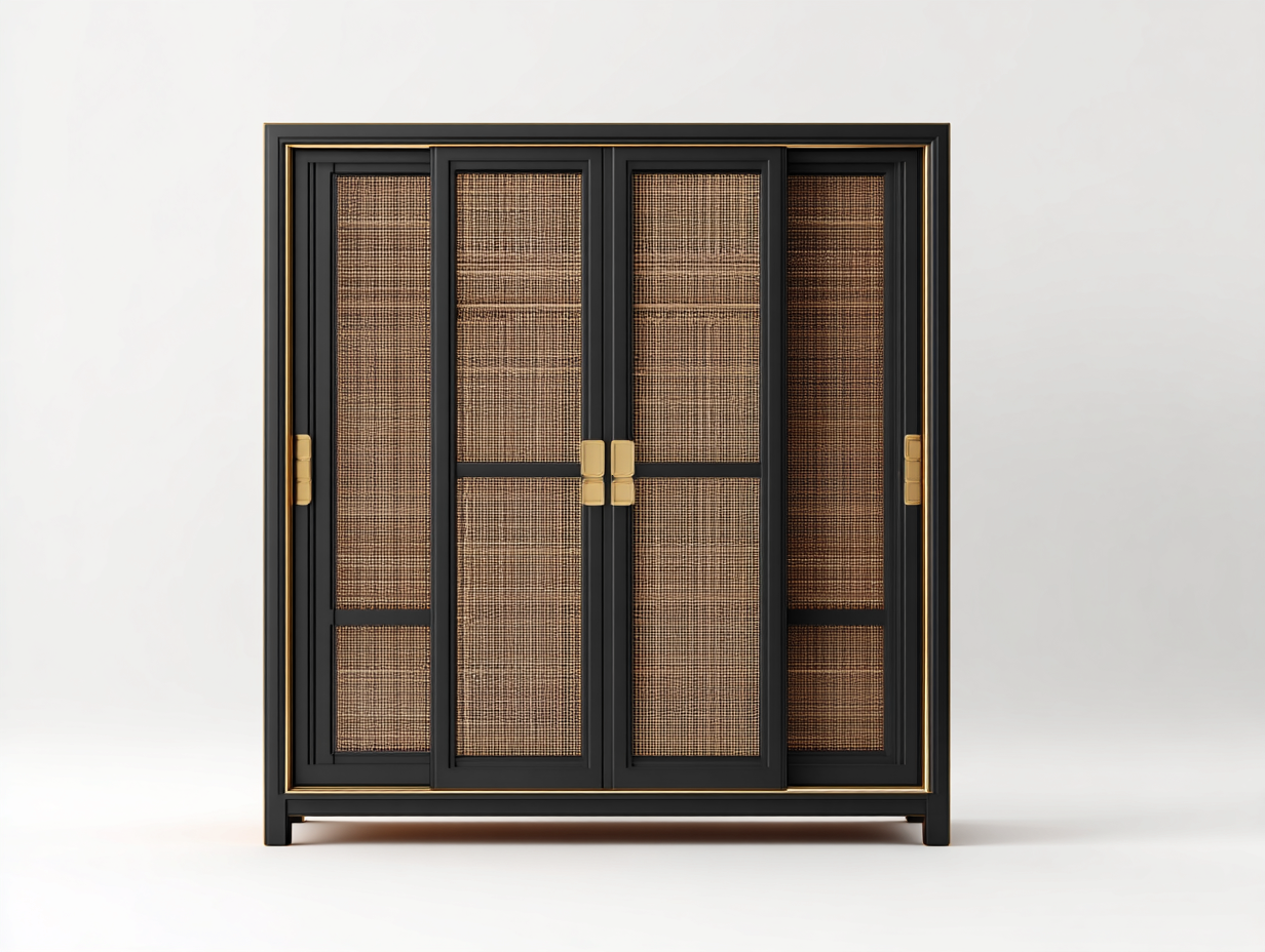Kleiderschrank Holzwerkstoff mit Rattanoptik 160x60x160 cm - Schwarz - Natur - modernes Design - für Schlafzimmer