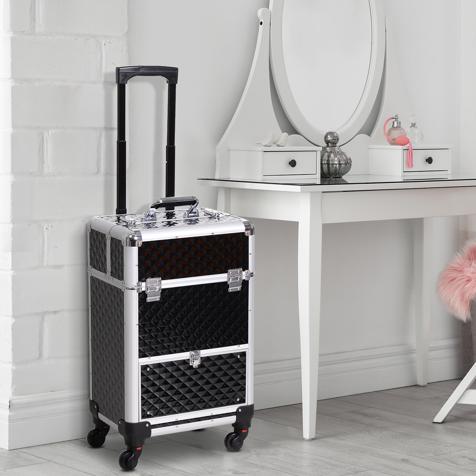HOMCOM Make-up-Trolley-Koffer, Kosmetikkoffer mit Teleskopgriff 34L x 25B x 62H cm Alu-Schwarz