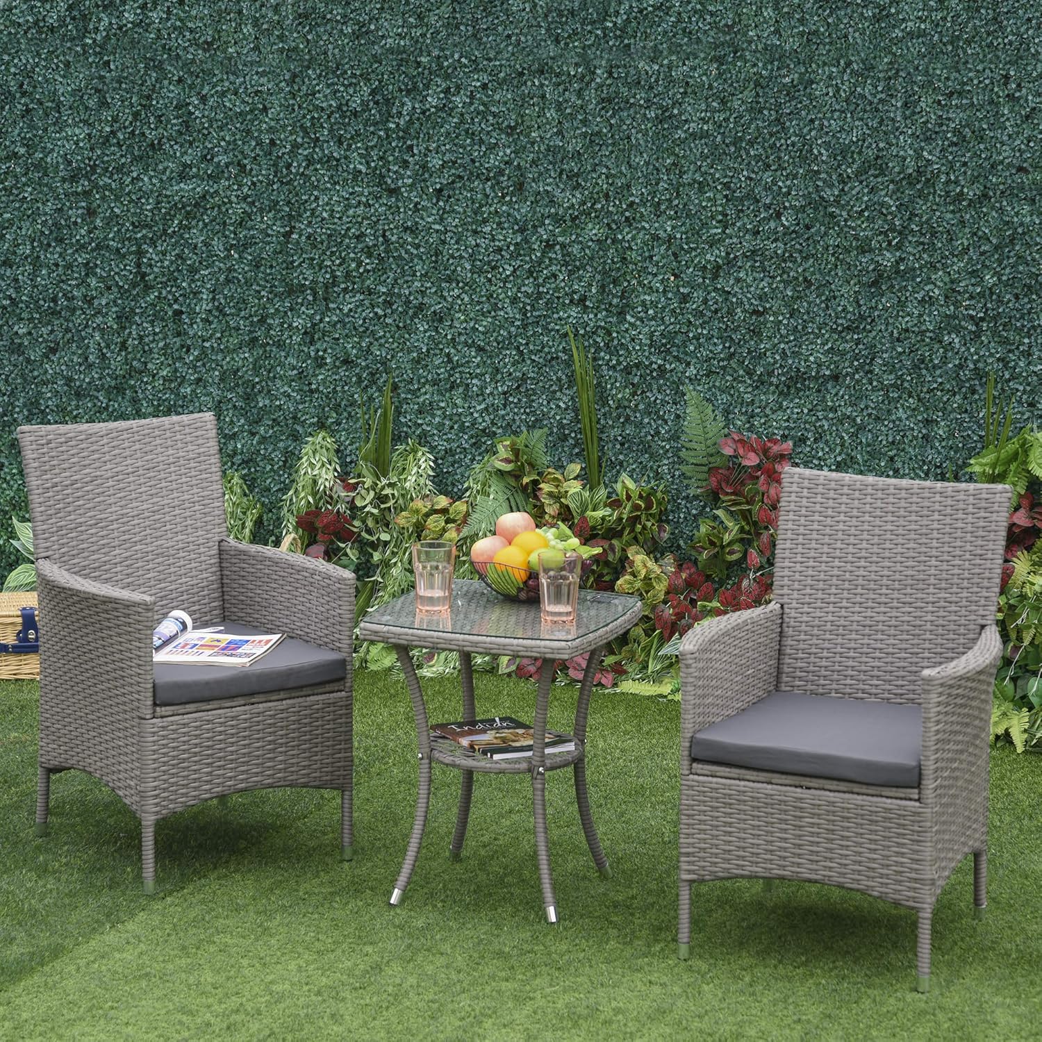 Outsunny Outdoor Garden Set 3 Pieces in PE Rattan and Steel, Set of 2 Chairs with Washable Cushions, Armrests, Coffee Table with Glass Top, Living Room Garden Balcony Patio Courtyard, Grey