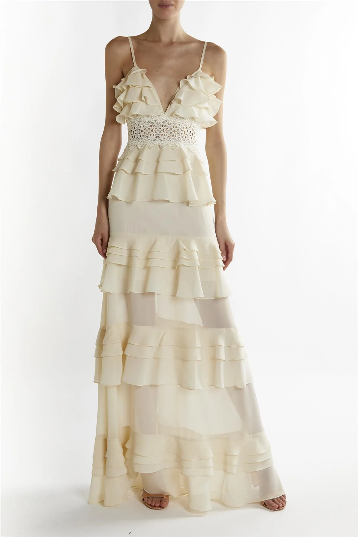 Cream Sophia Plunge Front Tiered Ruffle Maxi-Dress