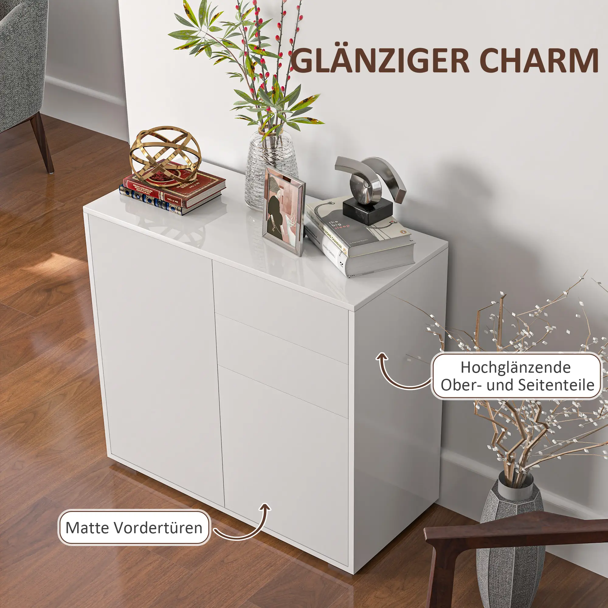 HOMCOM Sideboard Kommode verstellbares Regal Kippsicherung Weiß