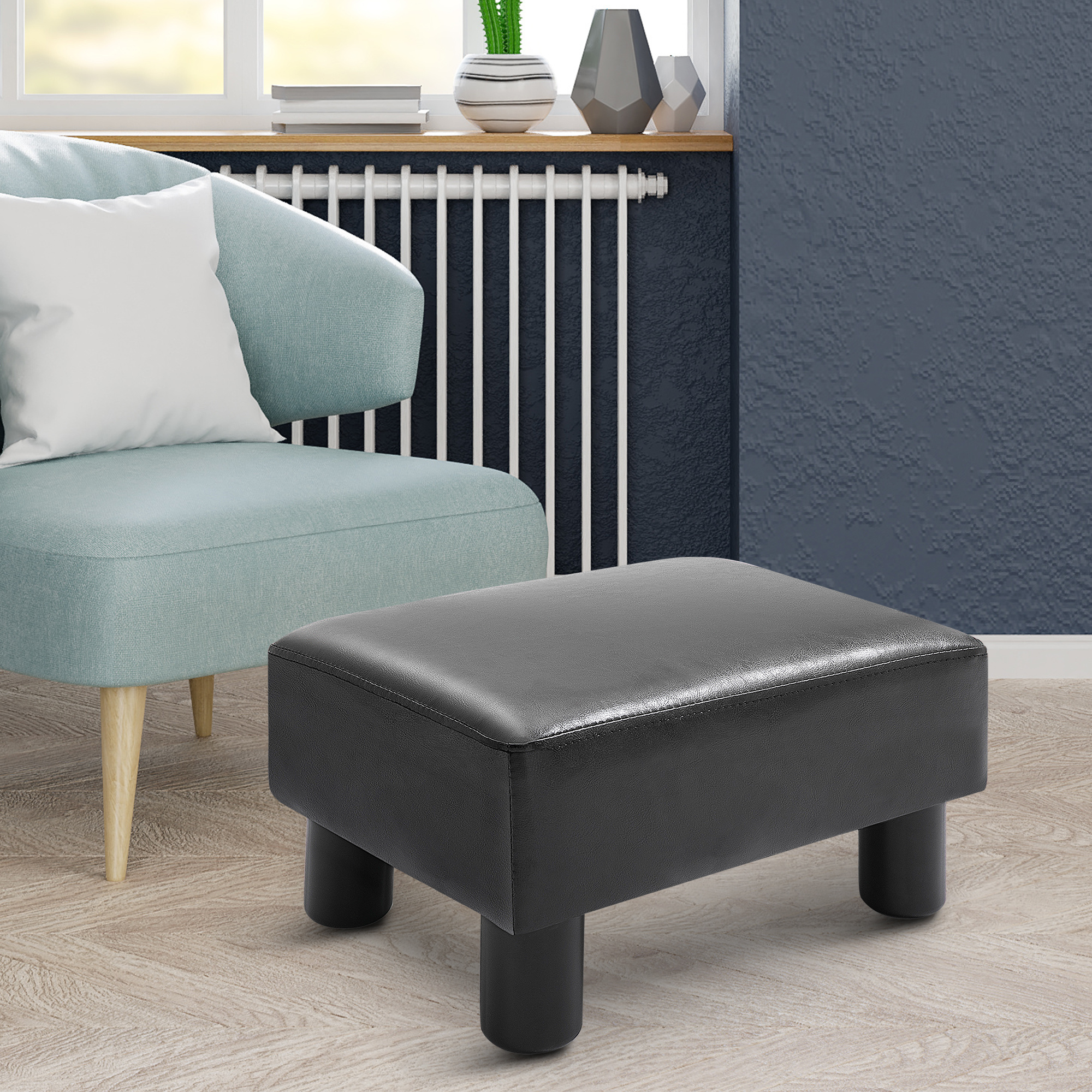 HOMCOM Sitzhocker Hocker mit Kunstleder Moderner Fußhocker Kunstlederhocker Ottomane für Schlafzimmer, Wohnzimmer, Schwarz