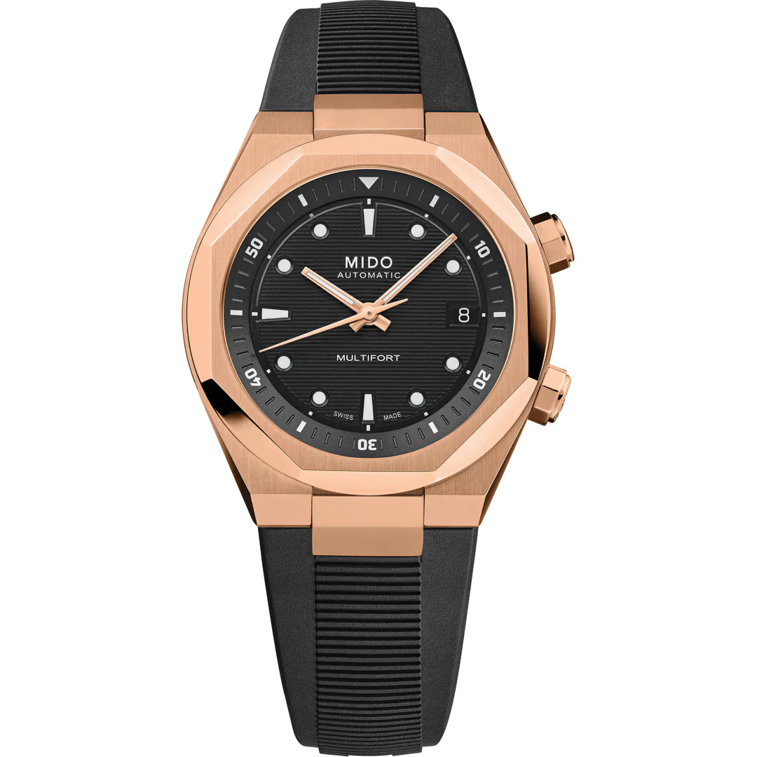 Orologio Mido Multifort 8 dorato rosa due corone cinturino gomma nero