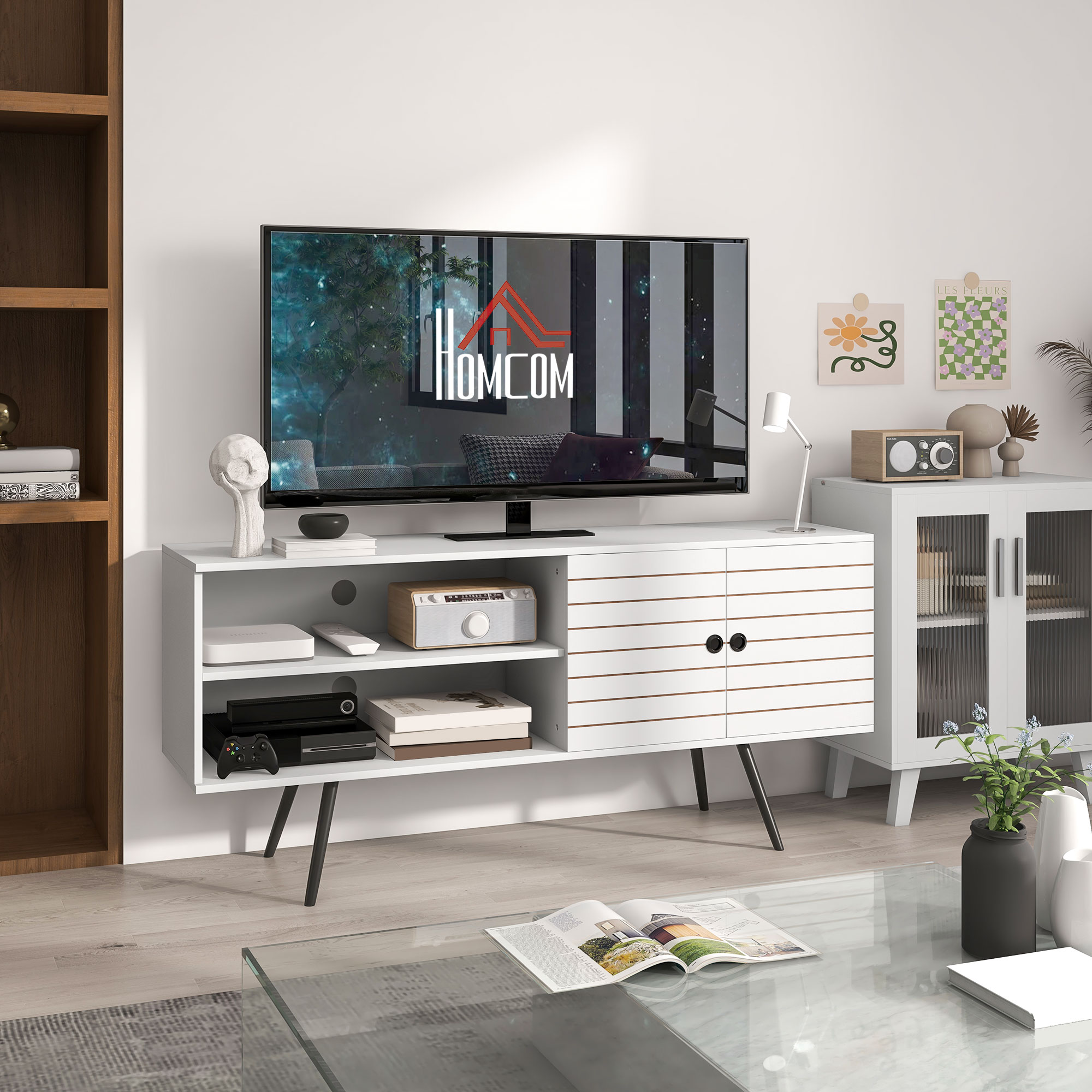 HOMCOM TV-Möbel für Fernseher bis zu 65 Zoll mit 2 offenen Fächern und 1 verstellbarem Regal 145x38x65 cm Weiß