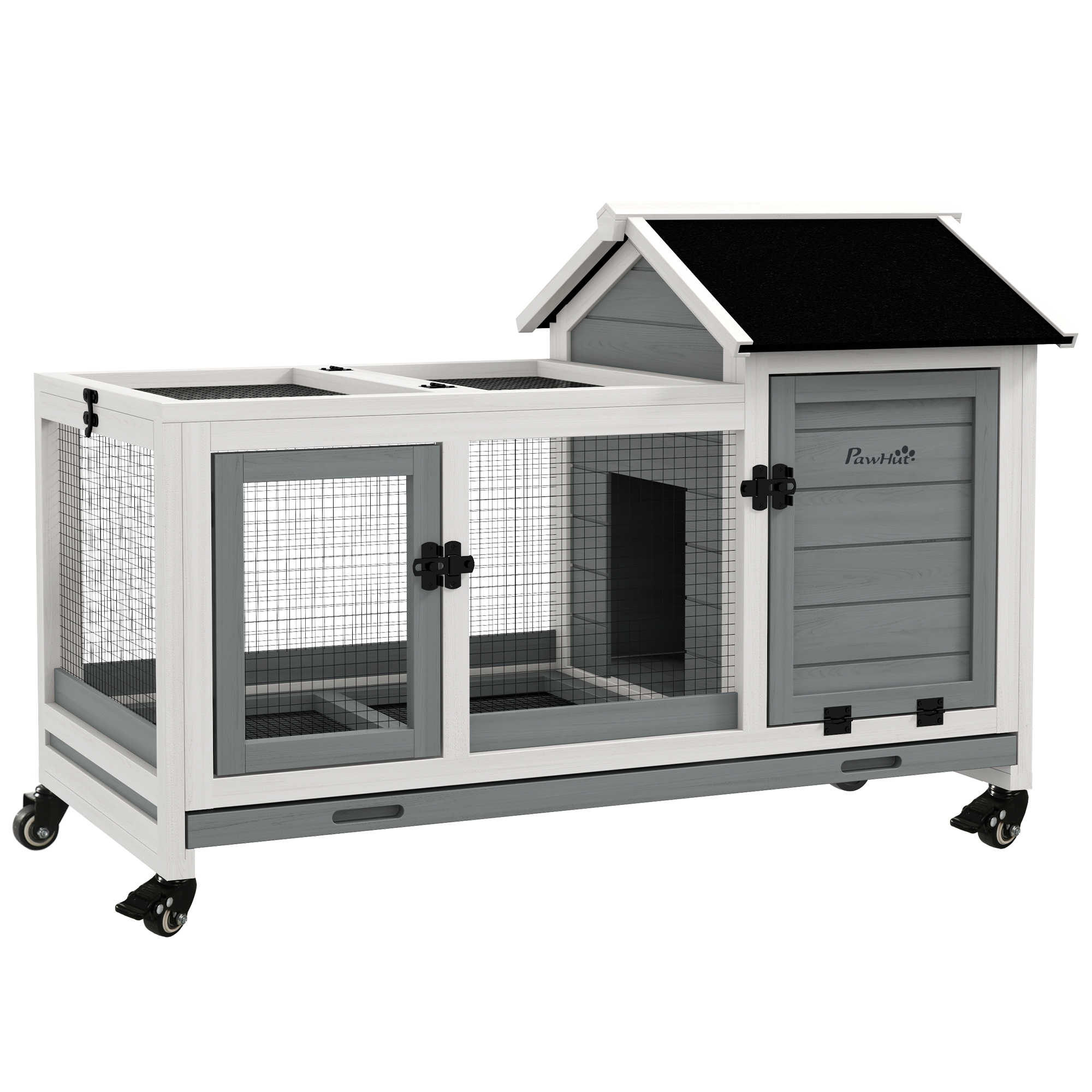 PawHut Konijnenhok, Kleine Dierenhok voor Dwergkonijnen, Cavia's, met Wielen, 108 x 58 x 73,5 cm, Grijs