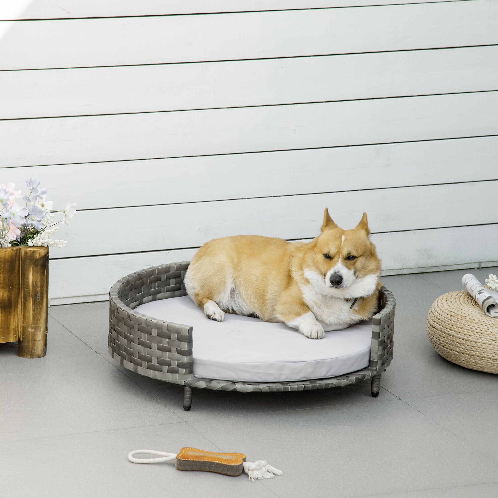 PawHut Hundebett Hundekorb Hundesofa Katzenbett mit Kissen Katzensofa Hundekörbchen für kleine Hunde Rattan Grau 75 x 75 x 20 cm