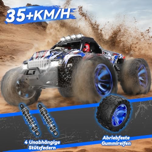 Auto telecomandata 1/14, 35   KM/H RC Auto con luci, Monstertruck telecomandato con 2 batterie 30 minuti, 2,4 GHz RC Auto Offroad impermeabile RTR All Terrain, regalo per bambini adulti : Giochi e giocattoli