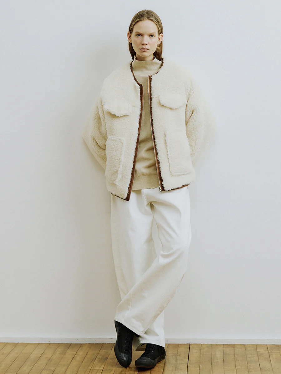 Reversible Padded Faux Fur Jacket [Ivory] �C Lightweight Structured Winter Jacket