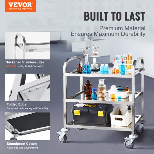 VEVOR Servierwagen Rollwagen Laborwagen 3-stufiger Mobiler Laborwagen Edelstahl 181kg Laborklinik Medizintechnik